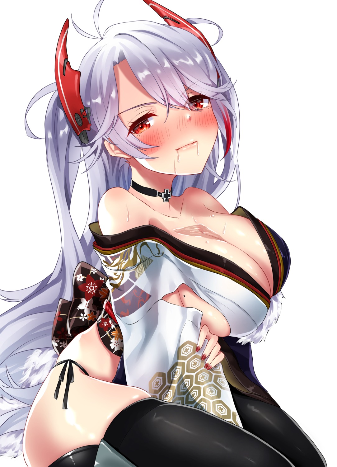 azur_lane breast_hold cleavage japanese_clothes no_bra pantsu prinz_eugen_(azur_lane) string_panties thighhighs touwa_iyo wet