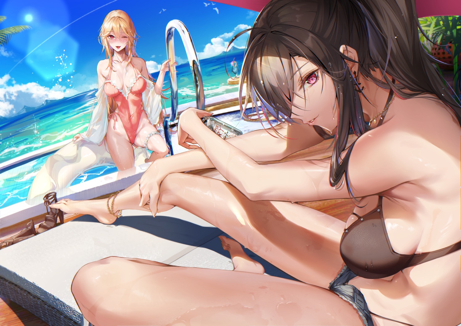 azur_lane bikini eichi_(yashokuya) garter jean_bart_(azur_lane) richelieu_(azur_lane) see_through swimsuits torn_clothes wet wet_clothes