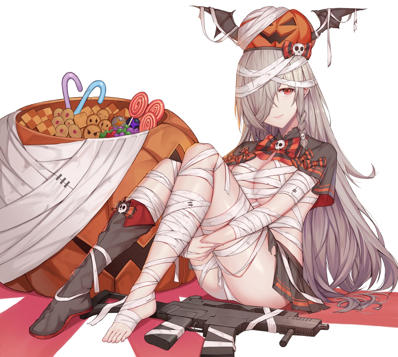 bandages feet g36c_(girls_frontline) girls_frontline gun halloween ilja no_bra pantsu wings