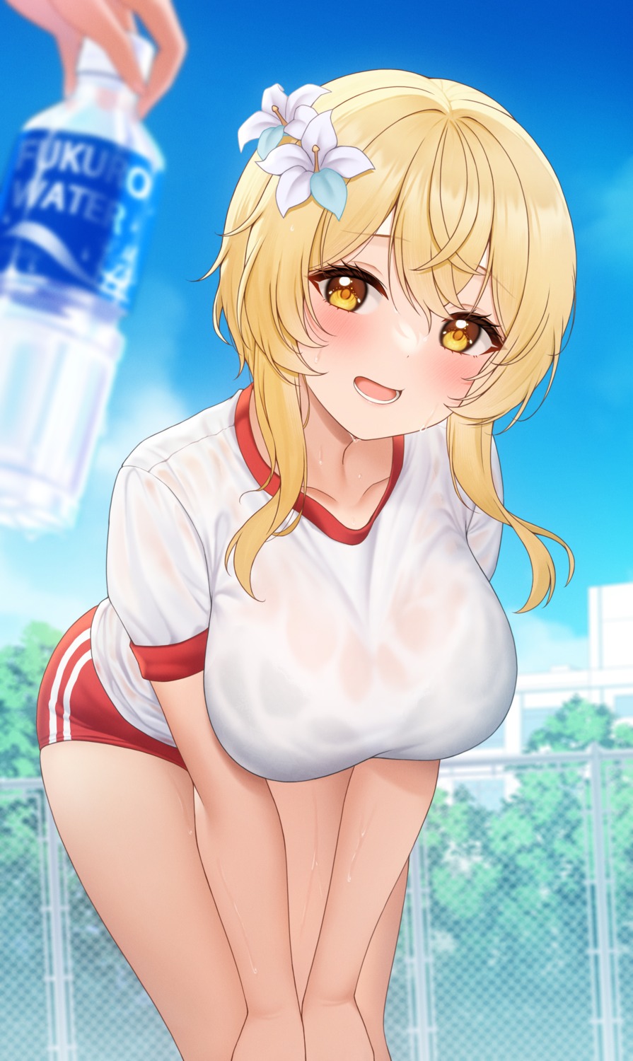 bra buruma fukuro_ko_(greentea) genshin_impact gym_uniform lumine see_through wet_clothes