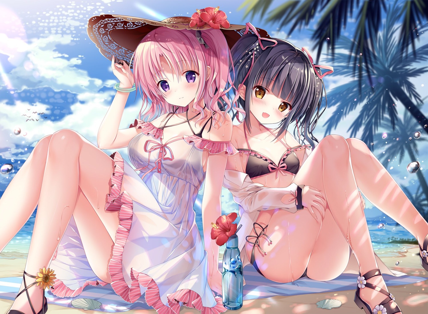 bikini cleavage dress izumi_kaori_(twinbox) kodama_haruka open_shirt see_through swimsuits twinbox twinbox_school wet