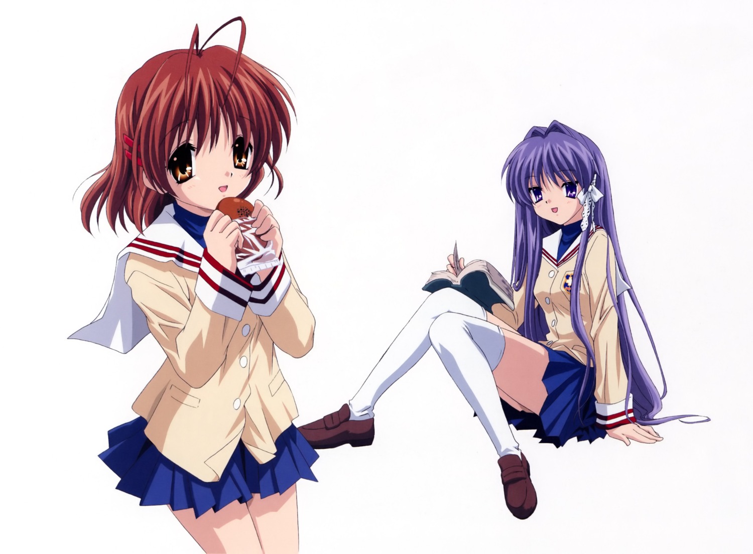 clannad fujibayashi_kyou furukawa_nagisa ikeda_kazumi seifuku thighhighs