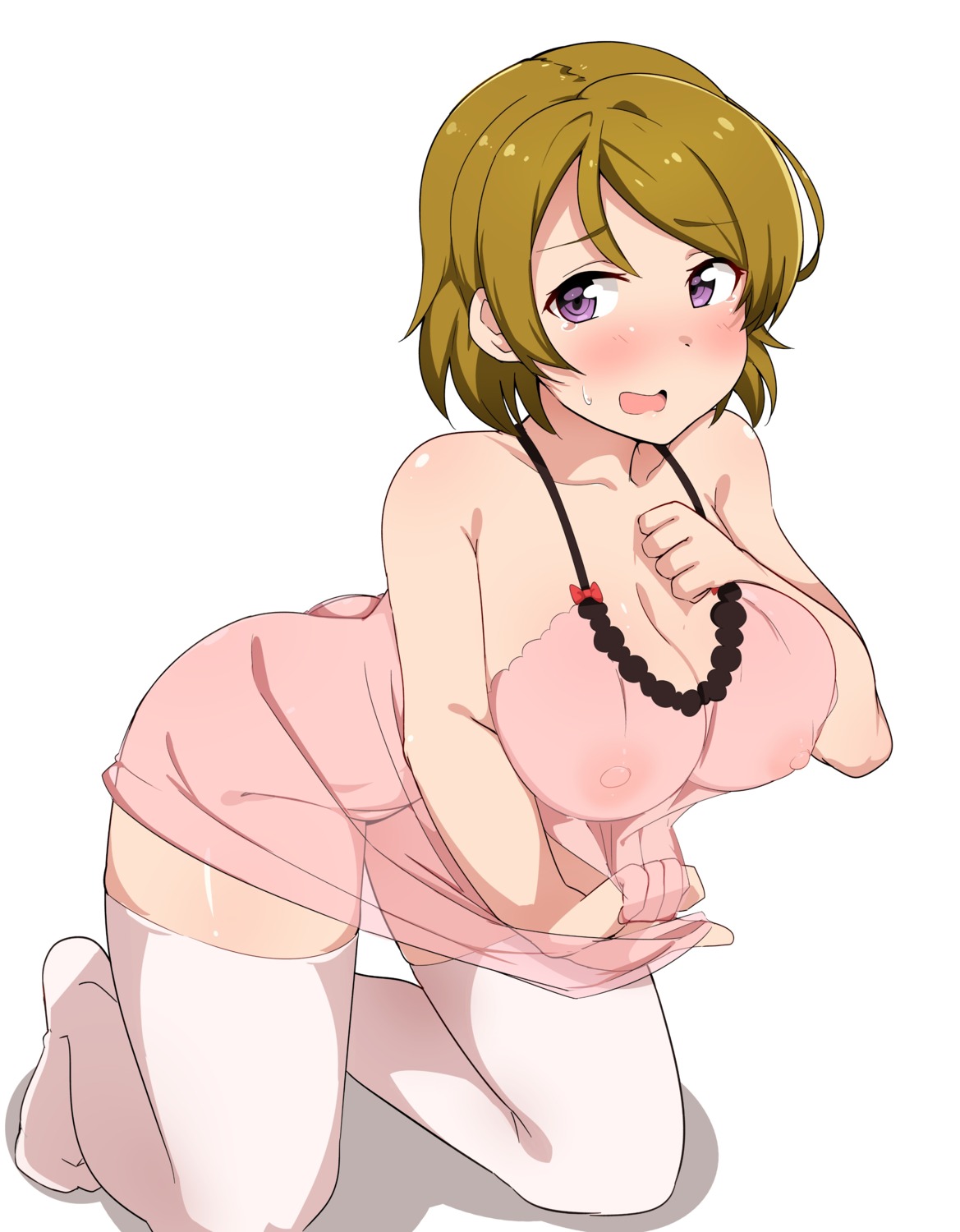 breast_hold koizumi_hanayo lingerie love_live! nipples no_bra nopan see_through seihekiog skirt_lift thighhighs