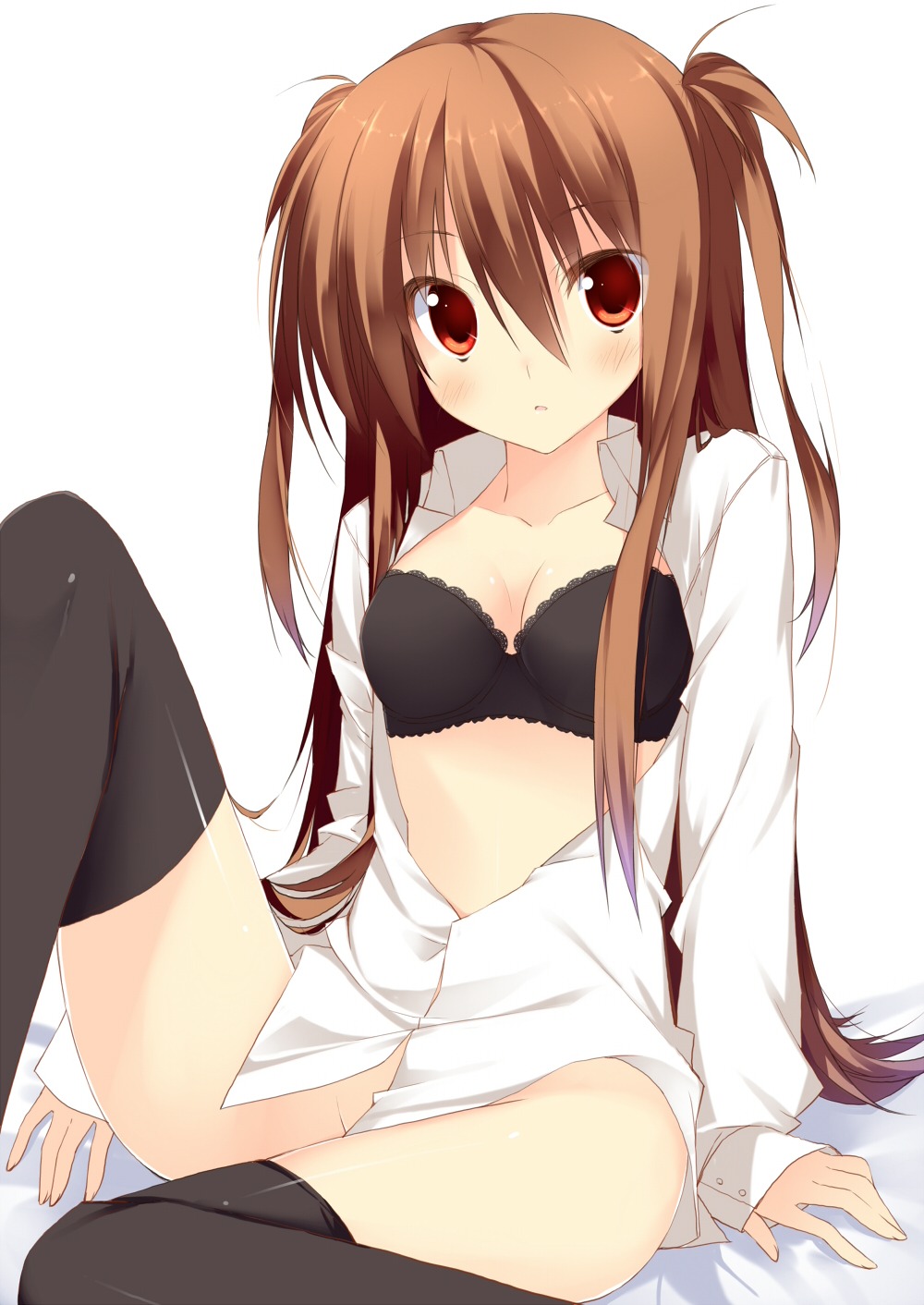 bottomless bra cleavage dress_shirt kuwashima_rein open_shirt thighhighs tororoin_niina