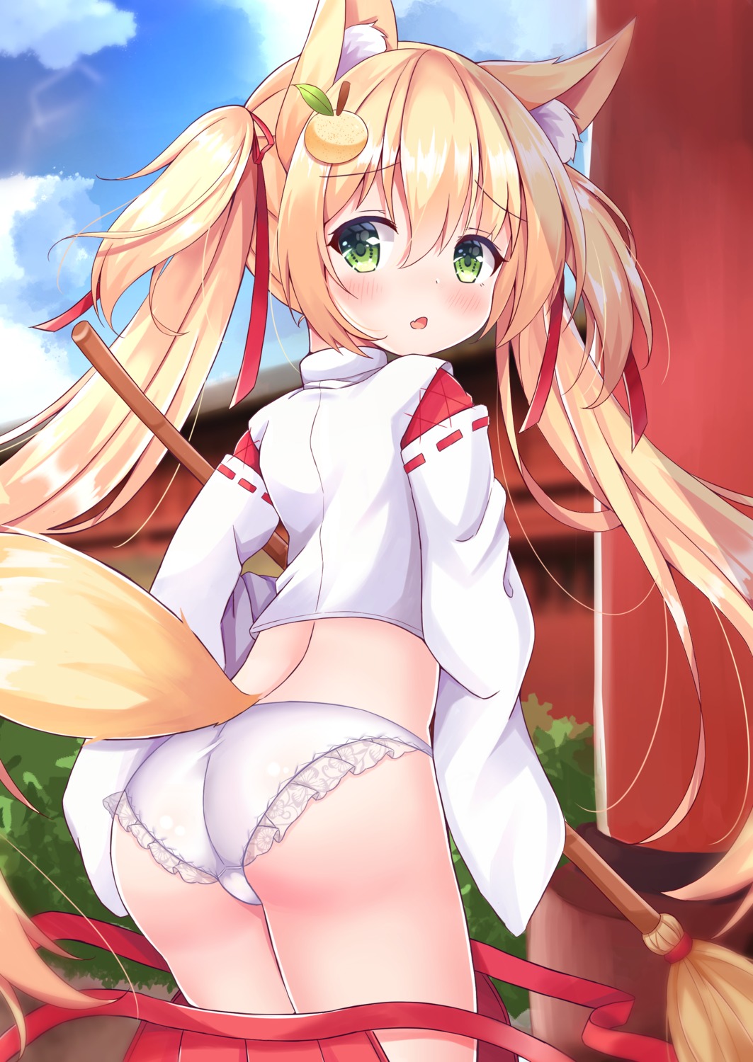 animal_ears ass kitsune kurashina_yuzuki loli miko pantsu tail wardrobe_malfunction