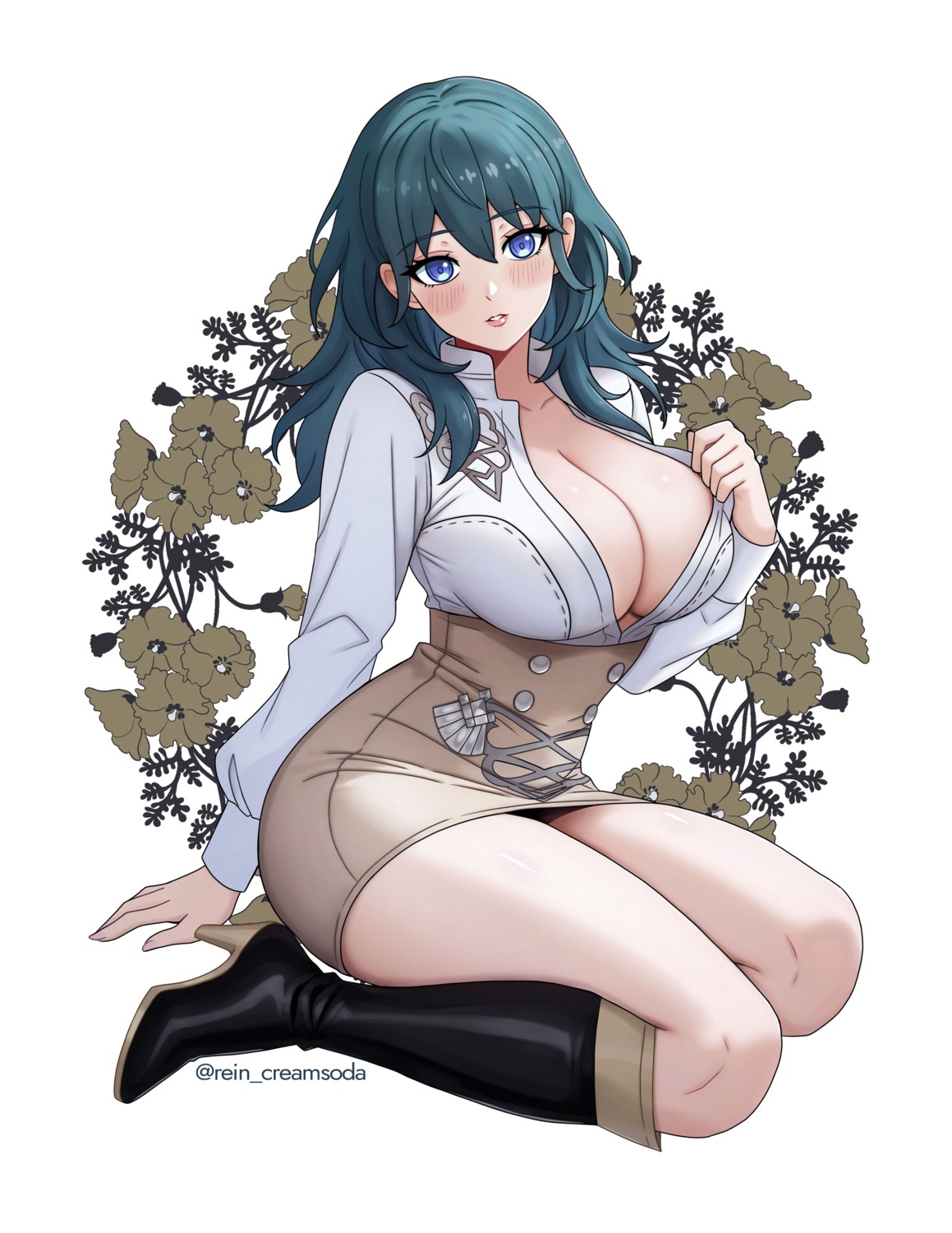 byleth_(fire_emblem) fire_emblem fire_emblem_three_houses heels no_bra open_shirt rein_creamsoda skirt_lift undressing