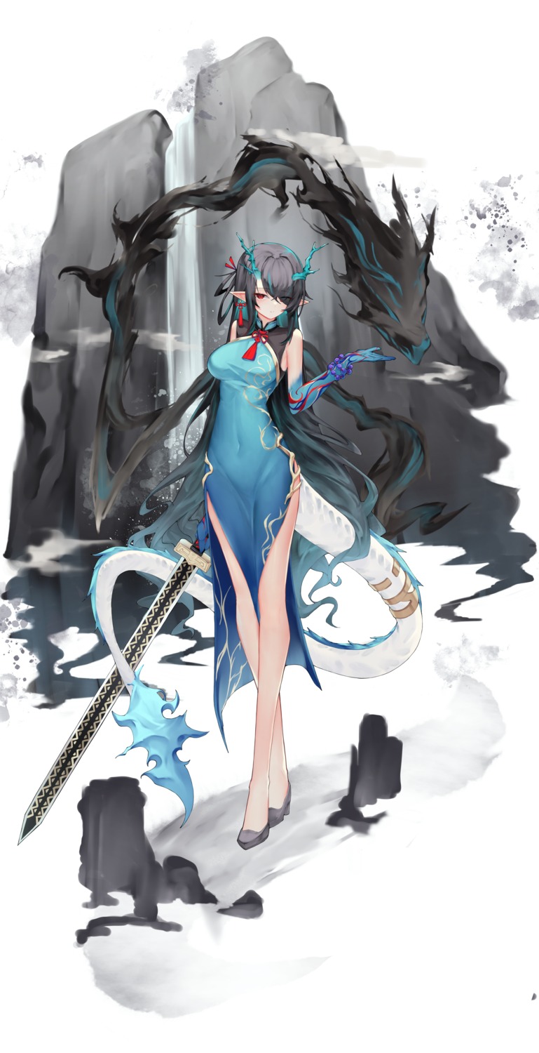 aoria arknights chinadress dusk_(arknights) heels horns pointy_ears sword tail