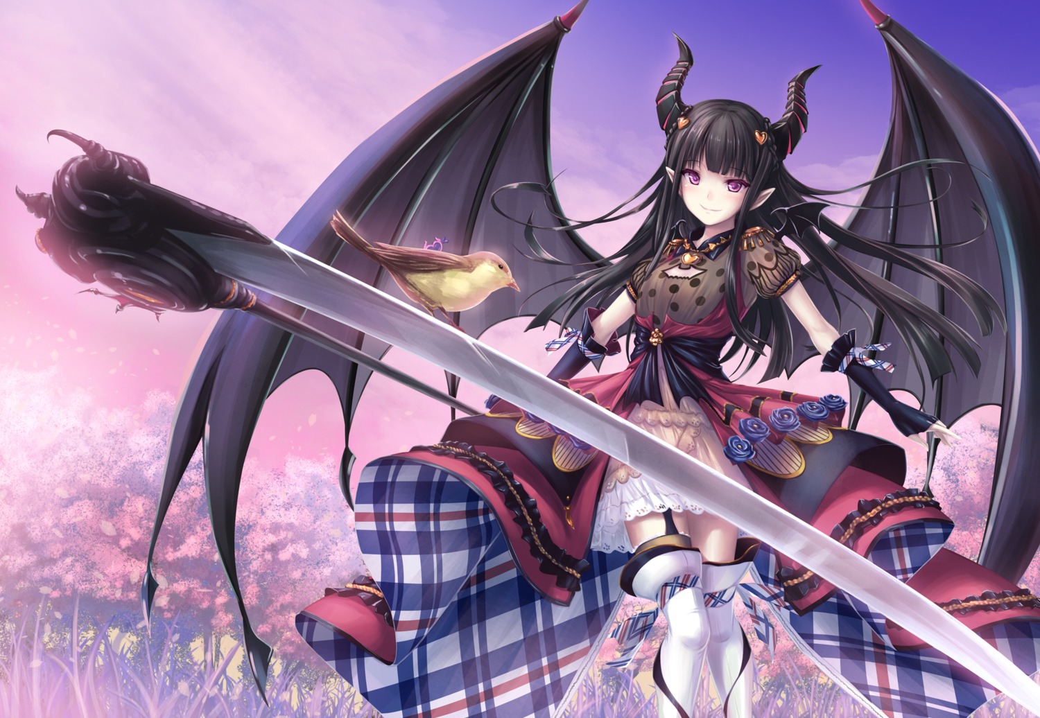 horns kanpani_girls pointy_ears stockings tenmaso thighhighs weapon wings