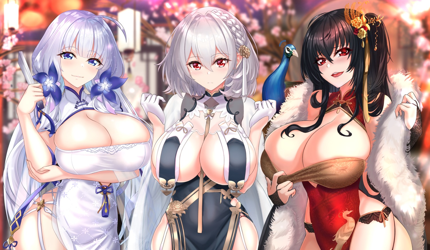 asian_clothes azur_lane breast_hold chinadress cleavage erect_nipples illustrious_(azur_lane) nez-box no_bra sirius_(azur_lane) taihou_(azur_lane) undressing