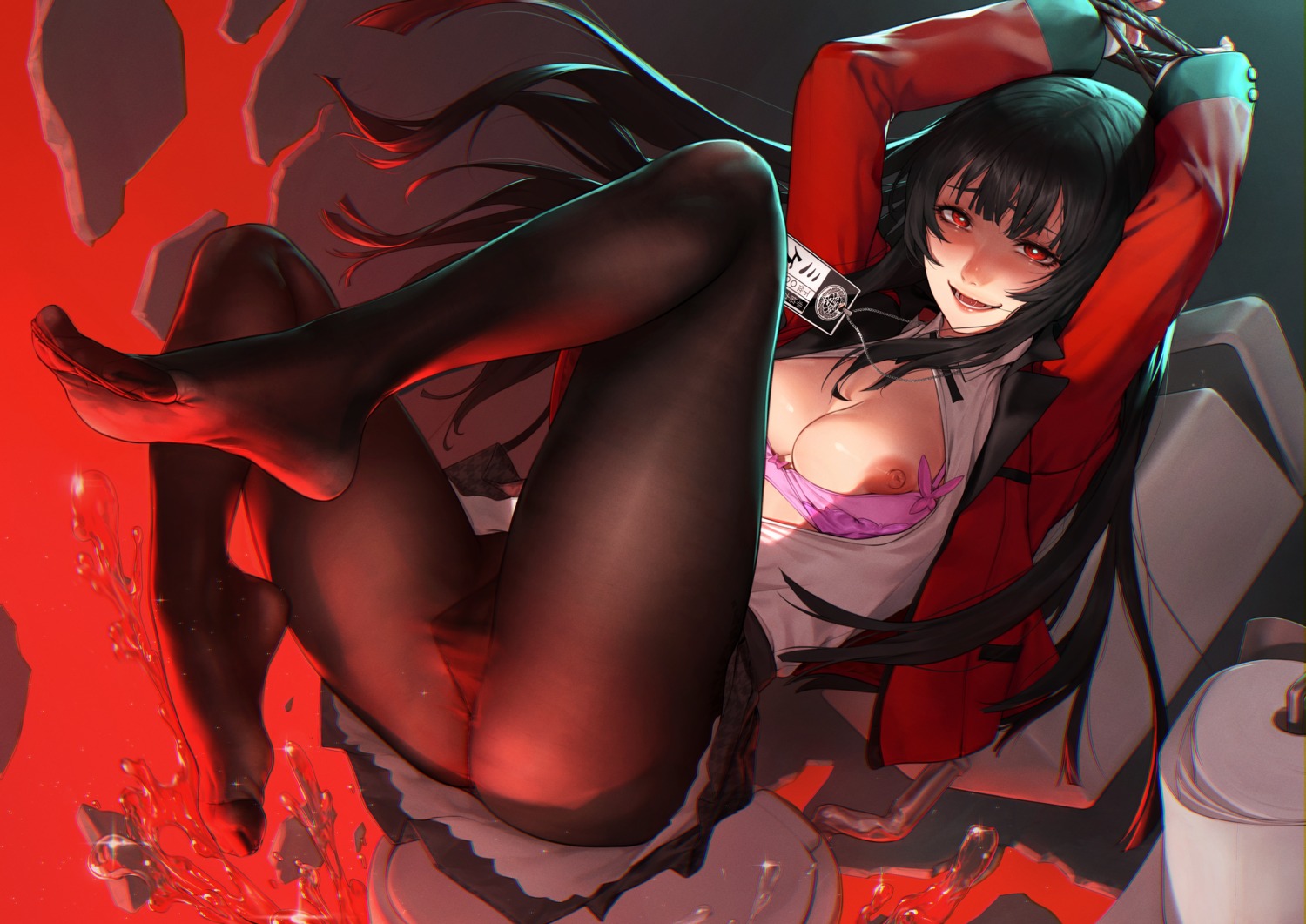 beeeeen_213 bondage bra feet jabami_yumeko kakegurui nipples open_shirt pantyhose seifuku skirt_lift