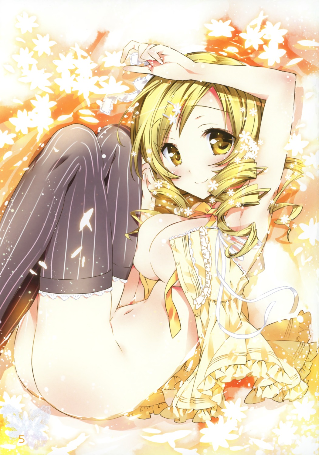 bottomless kamiya_maneki mahou_shoujo_madoka_magica manekineko no_bra open_shirt thighhighs tomoe_mami