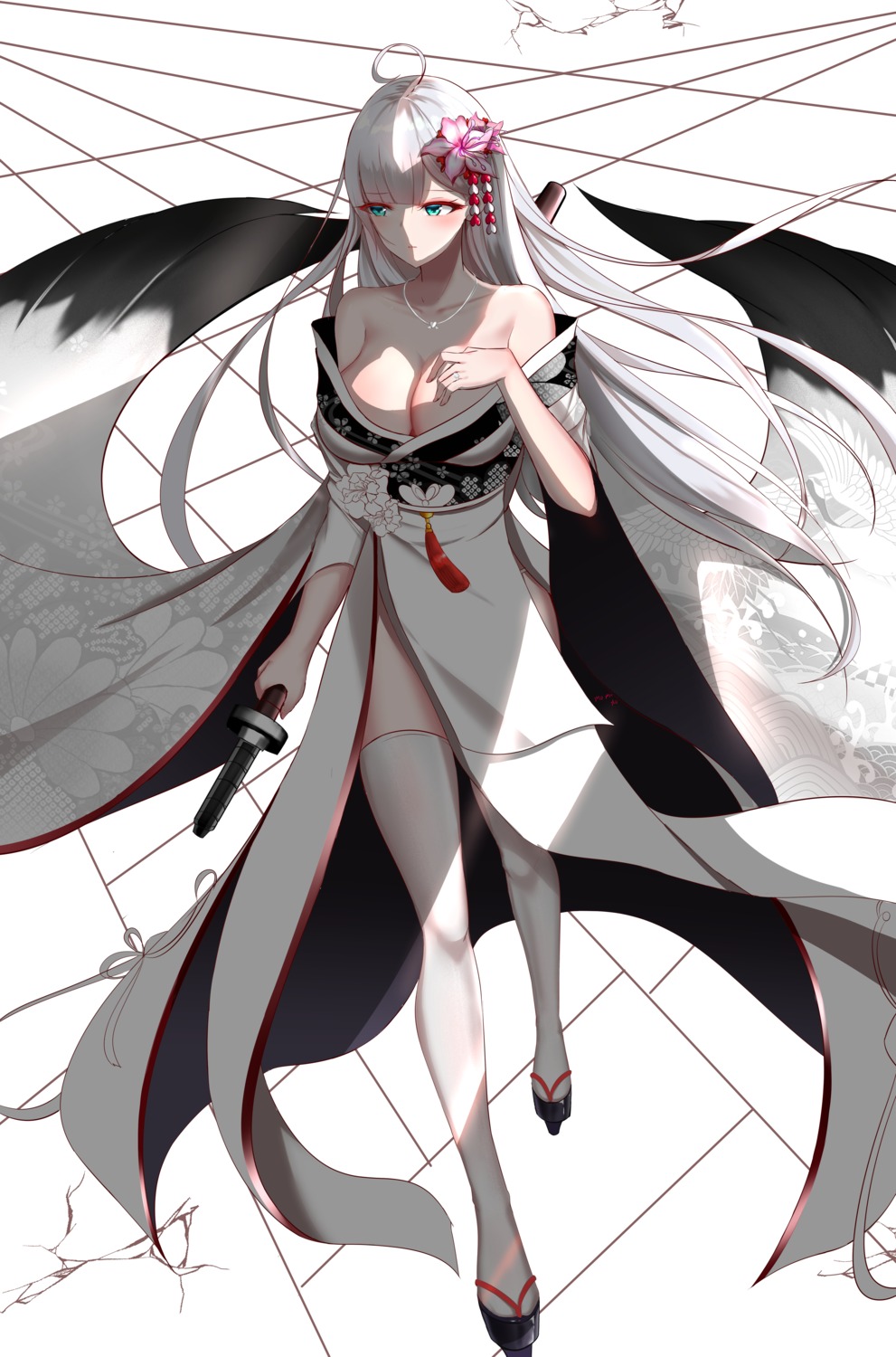 japanese_clothes no_bra open_shirt suencaidi2008 sword thighhighs wings