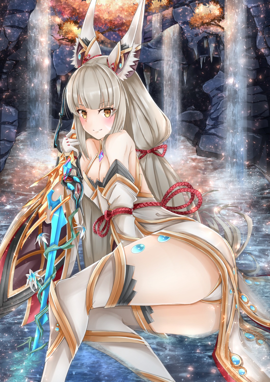 animal_ears ass cleavage japanese_clothes niyah niyah_(blade) pantsu sarasadou_dan sword thighhighs wet xenoblade xenoblade_chronicles_2