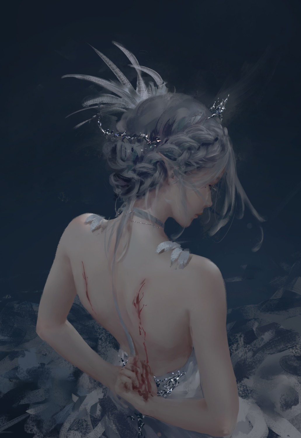 blood dress ghostblade no_bra pointy_ears wlop yan_haiqin