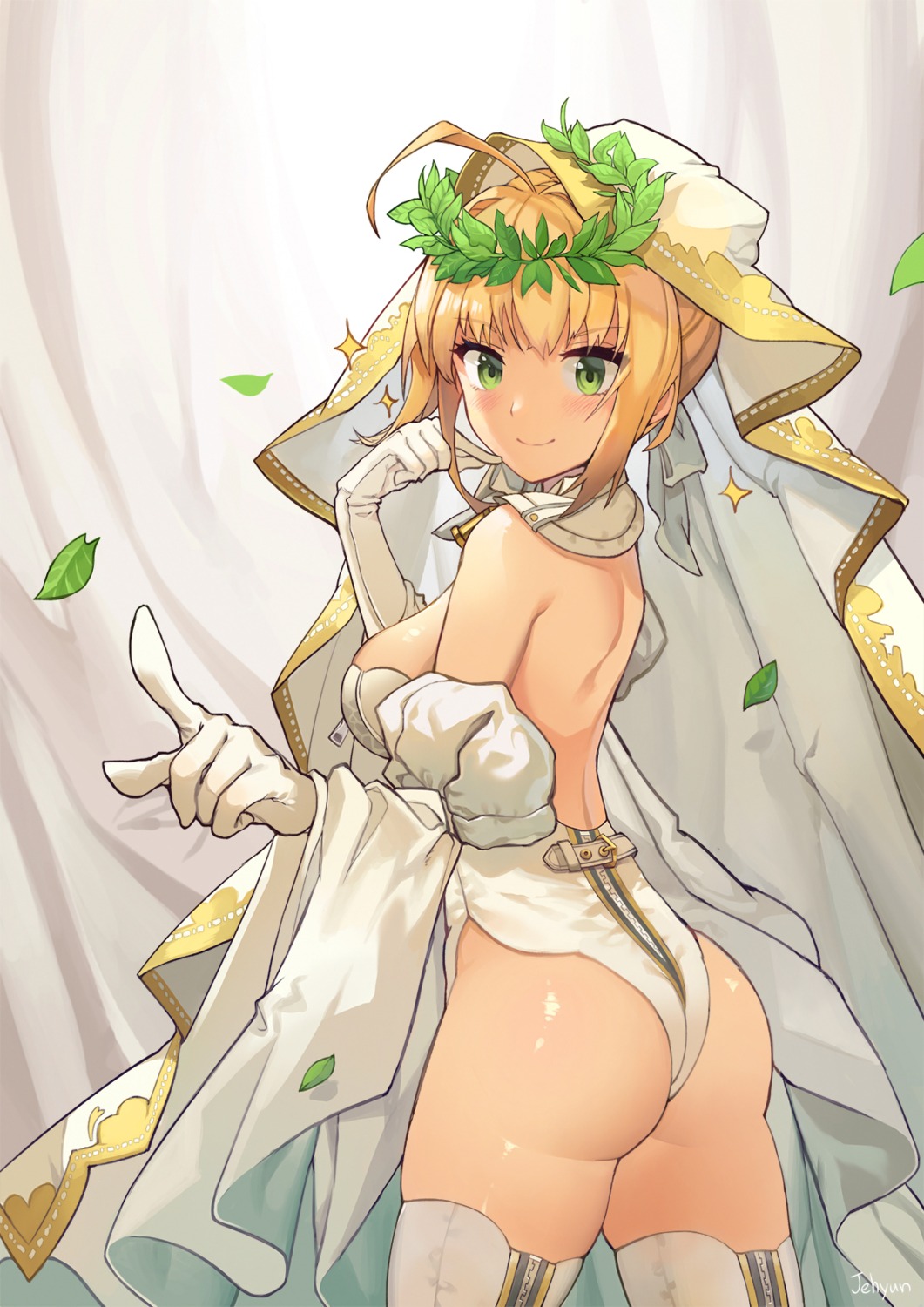 ass dress fate/grand_order jehyun saber_bride saber_extra thighhighs wedding_dress