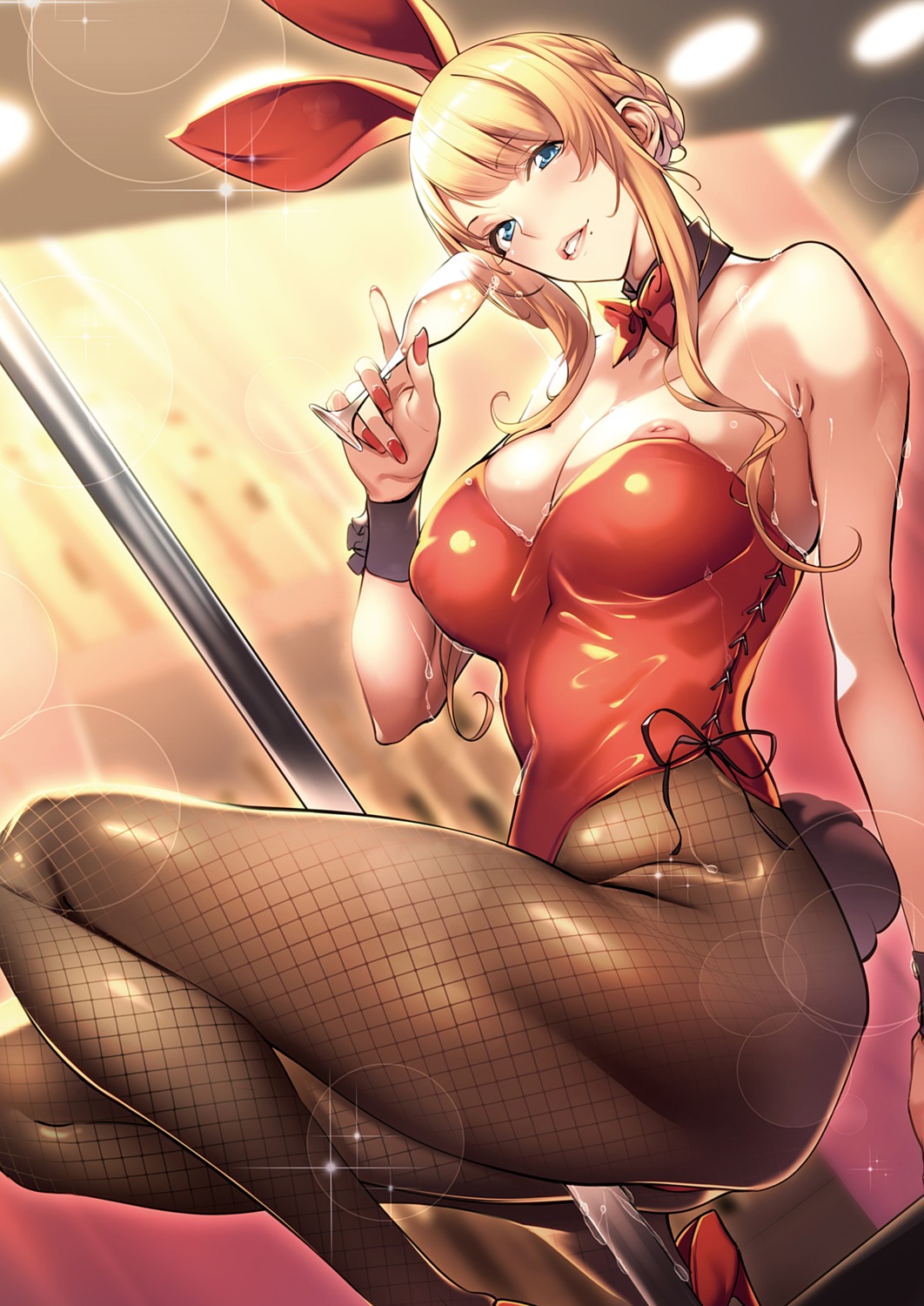 animal_ears breasts bunny_ears bunny_girl fishnets heels nanao nipples no_bra pantyhose tail