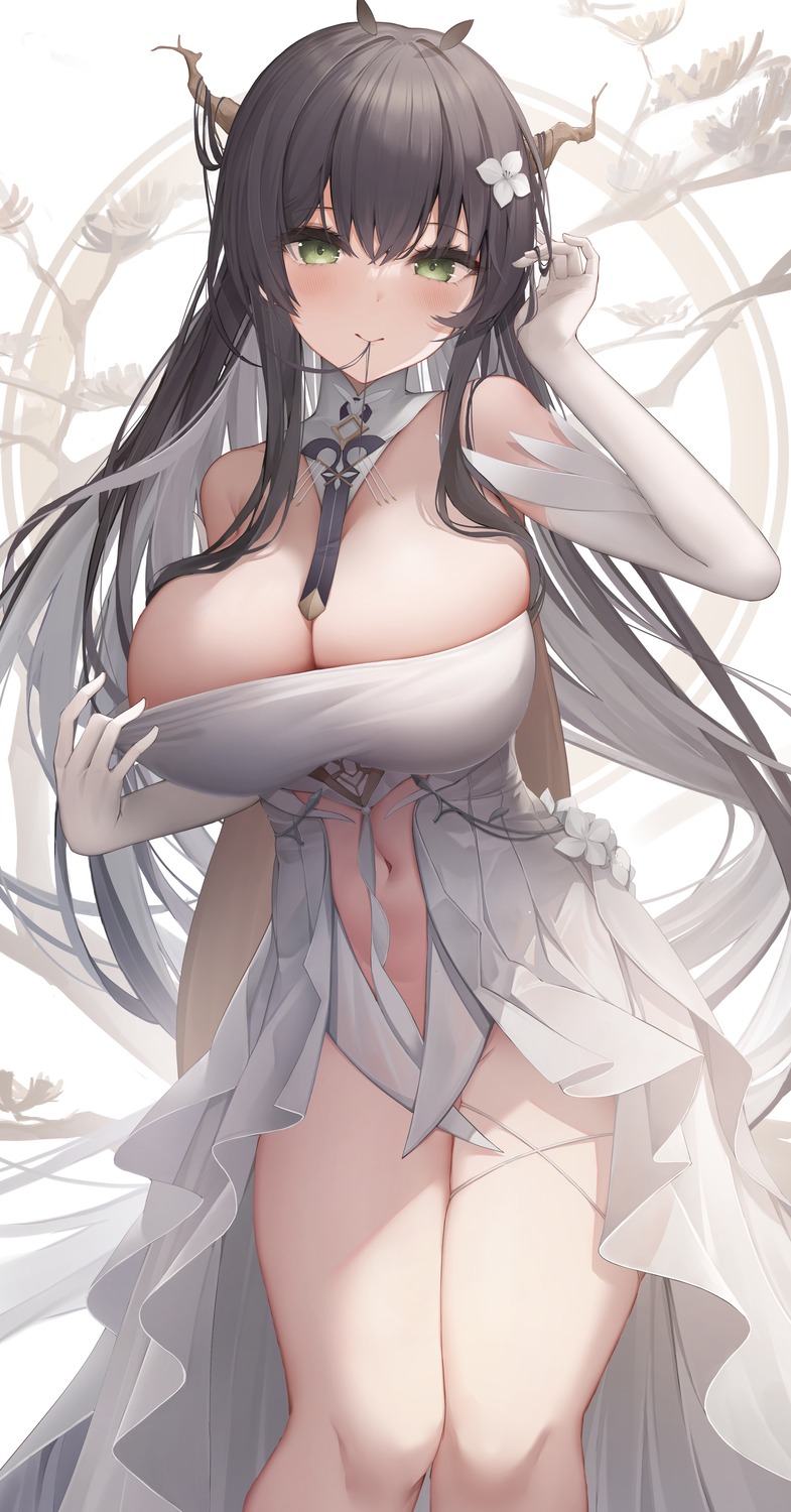 azur_lane dress garter horns indomitable_(azur_lane) no_bra see_through shiranui_(nisioisin_sinob) undressing