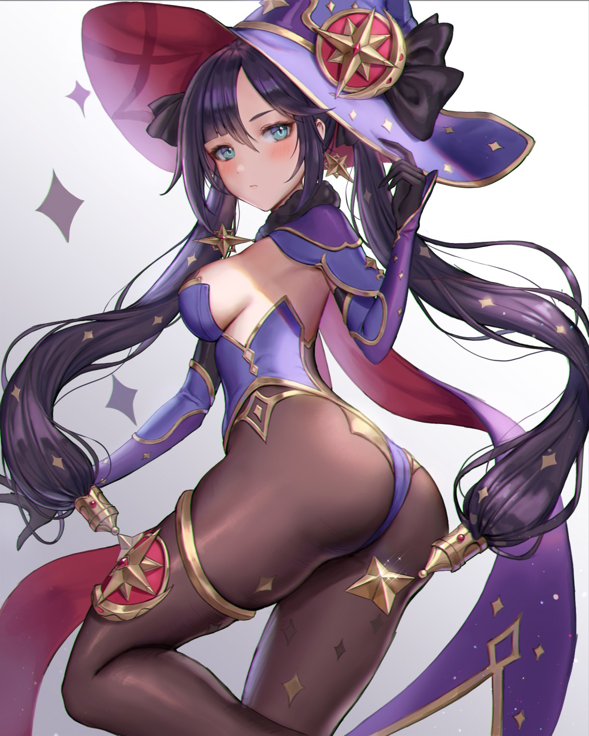 ass garter genshin_impact jademoon leotard mona_megistus no_bra pantyhose witch