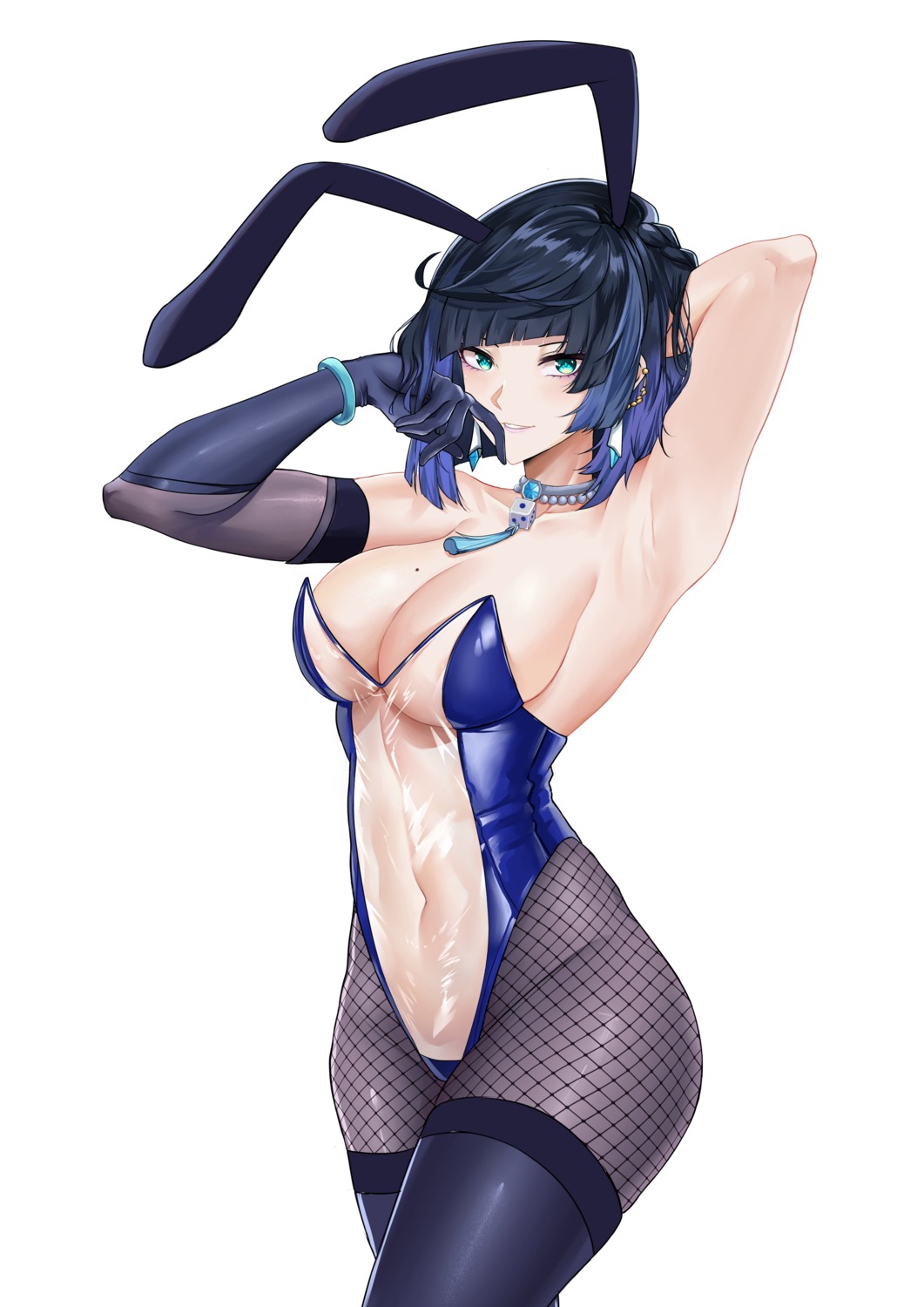 animal_ears bunny_ears bunny_girl deroo fishnets genshin_impact no_bra nopan pantyhose see_through thighhighs yelan