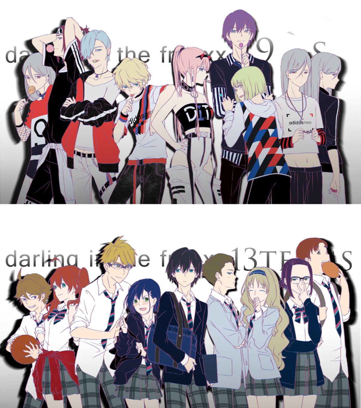 basketball chenaze57 darling_in_the_franxx futoshi_(darling_in_the_franxx) gorou_(darling_in_the_franxx) hiro_(darling_in_the_franxx) horns ichigo_(darling_in_the_franxx) ikuno_(darling_in_the_franxx) kokoro_(darling_in_the_franxx) megane miku_(darling_in_the_franxx) mitsuru_(darling_in_the_franxx) nine_alpha nine_theta seifuku sweater zero_two_(darling_in_the_franxx) zorome_(darling_in_the_franxx)