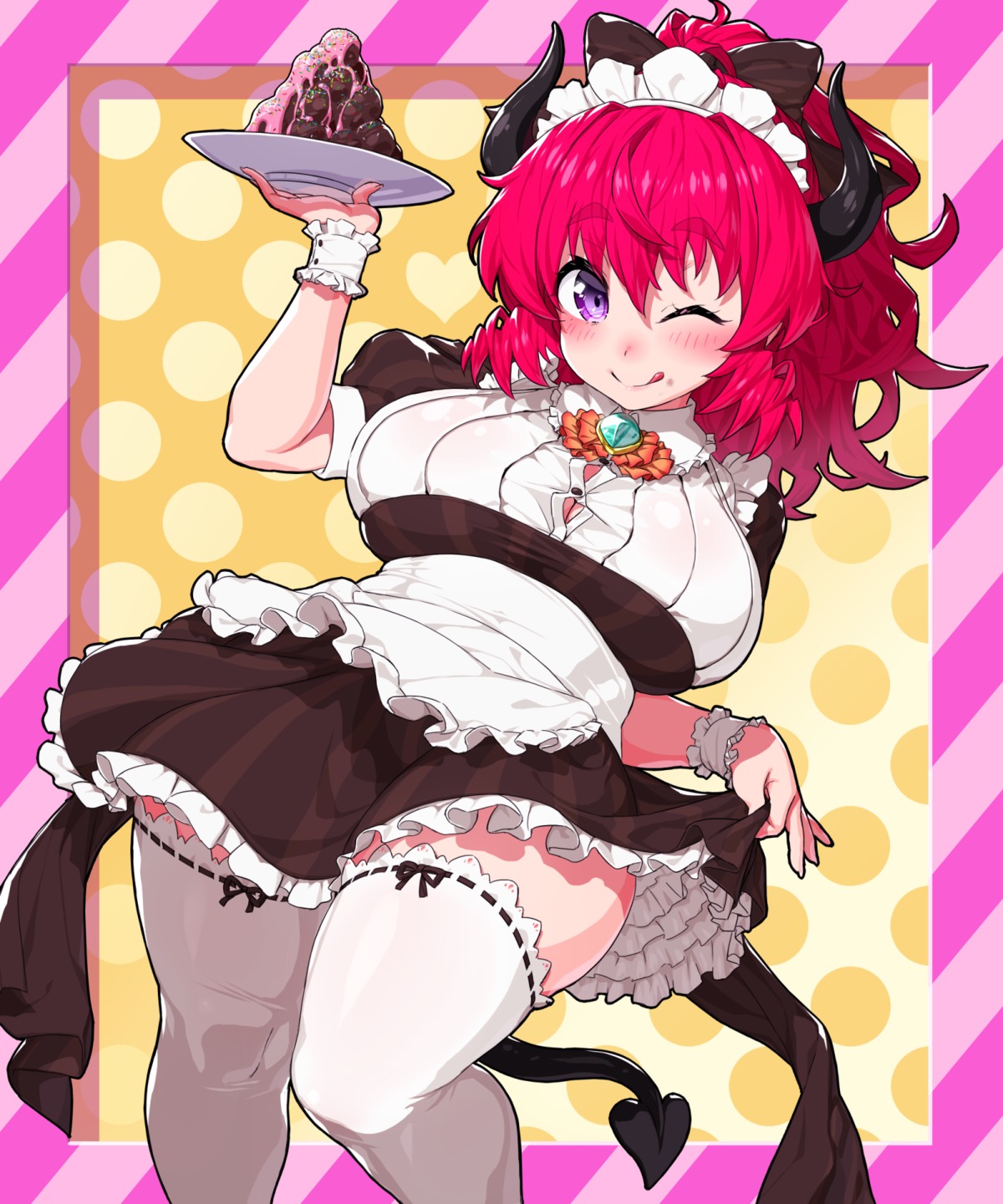 cleavage horns maid onsoku_inu skirt_lift tail thighhighs