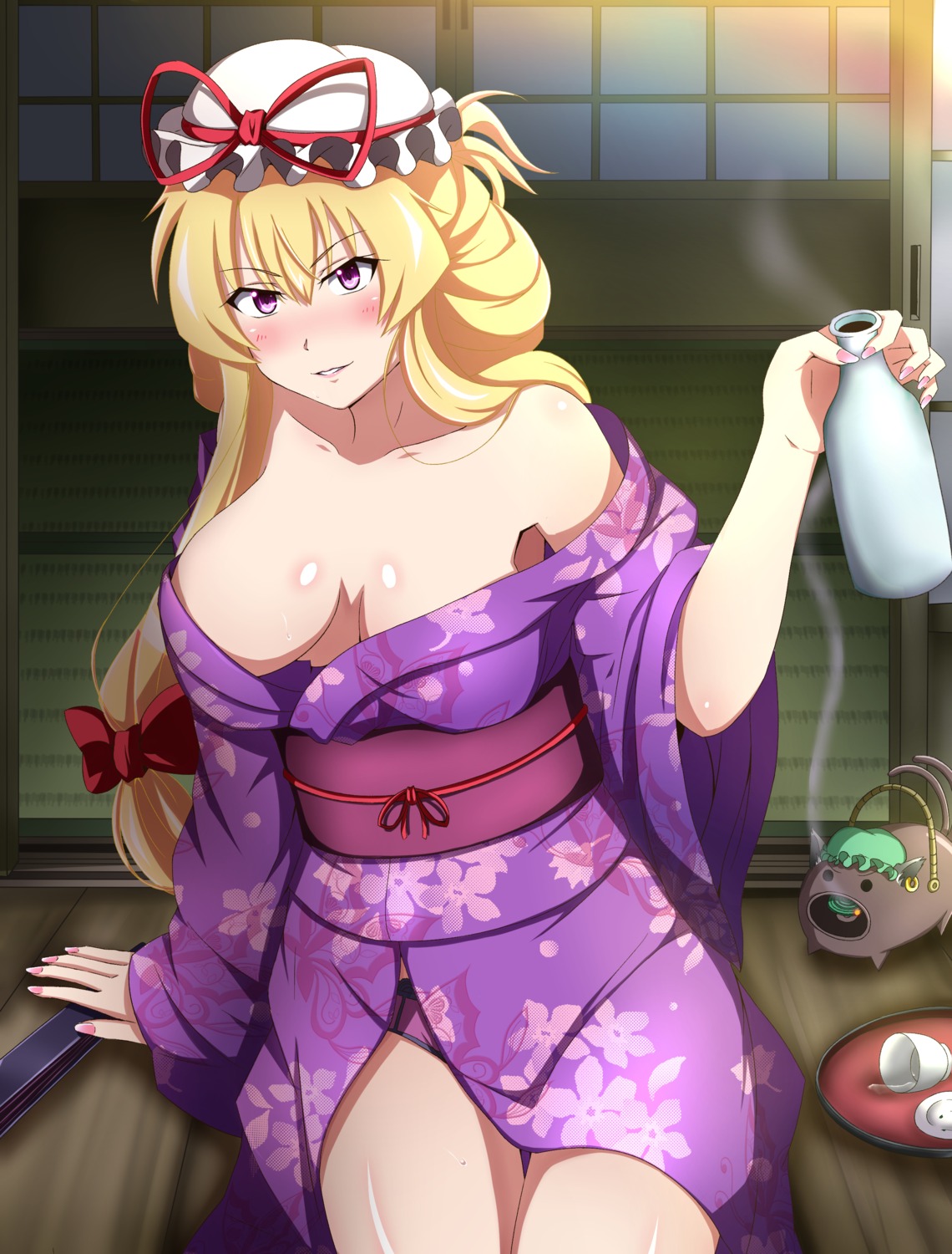 cleavage kyoukyan no_bra open_shirt pantsu sake touhou yakumo_yukari yukata