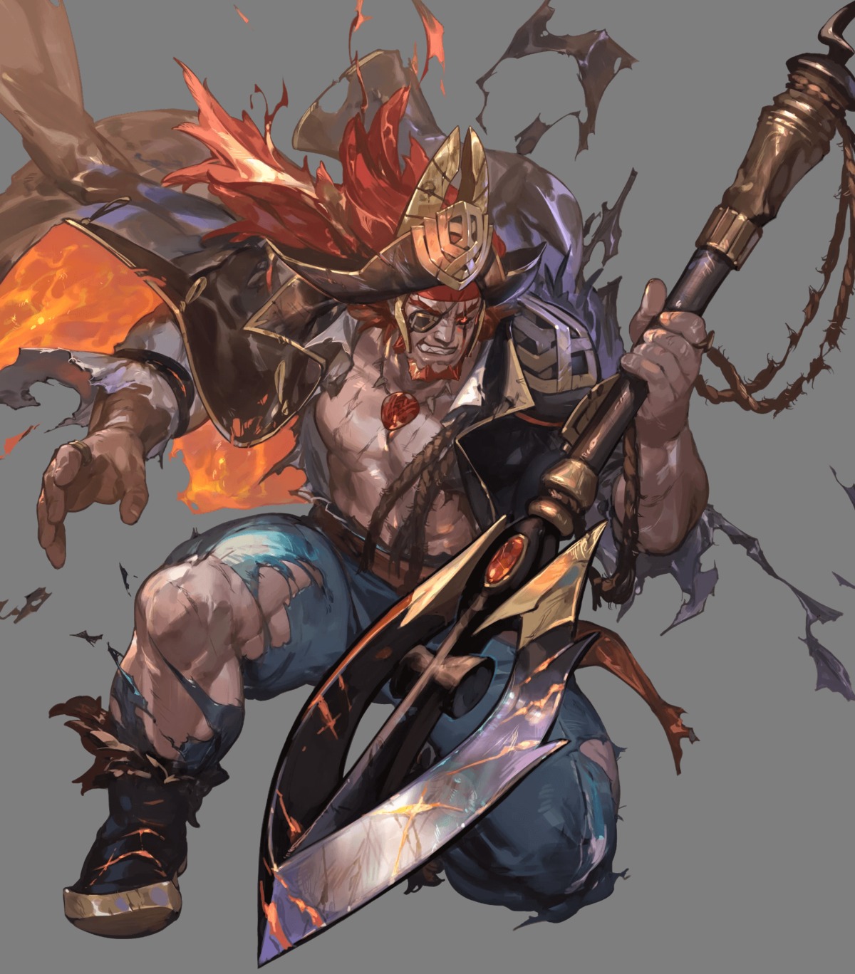 eyepatch fire_emblem fire_emblem_heroes horns nintendo pirate so-taro surtr_(fire_emblem) torn_clothes weapon