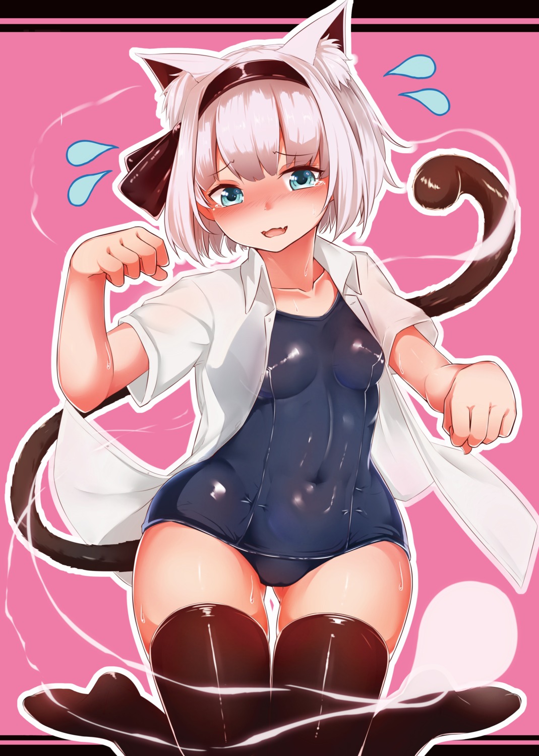 animal_ears konpaku_youmu moyashi_baasuto nekomimi school_swimsuit swimsuits tail thighhighs touhou