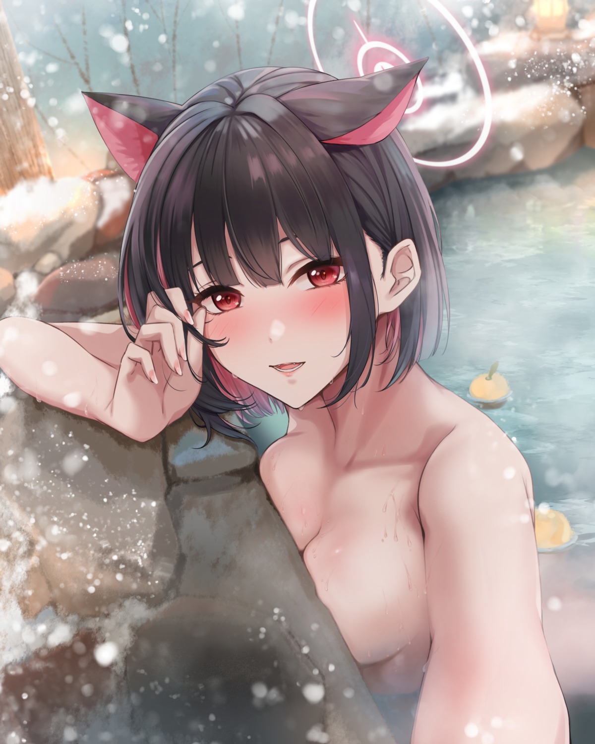 animal_ears bathing blue_archive halo kyouyama_kazusa naked nekomimi onsen selfie wet yuzuyu_(hyui)