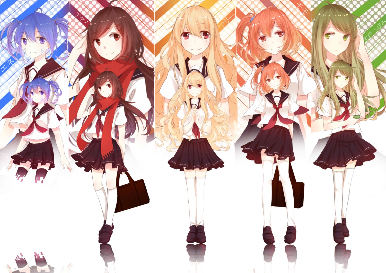 enomoto_takane kagerou_project kan_yong kido_tsubomi kisaragi_momo kozakura_mary seifuku tateyama_ayano thighhighs