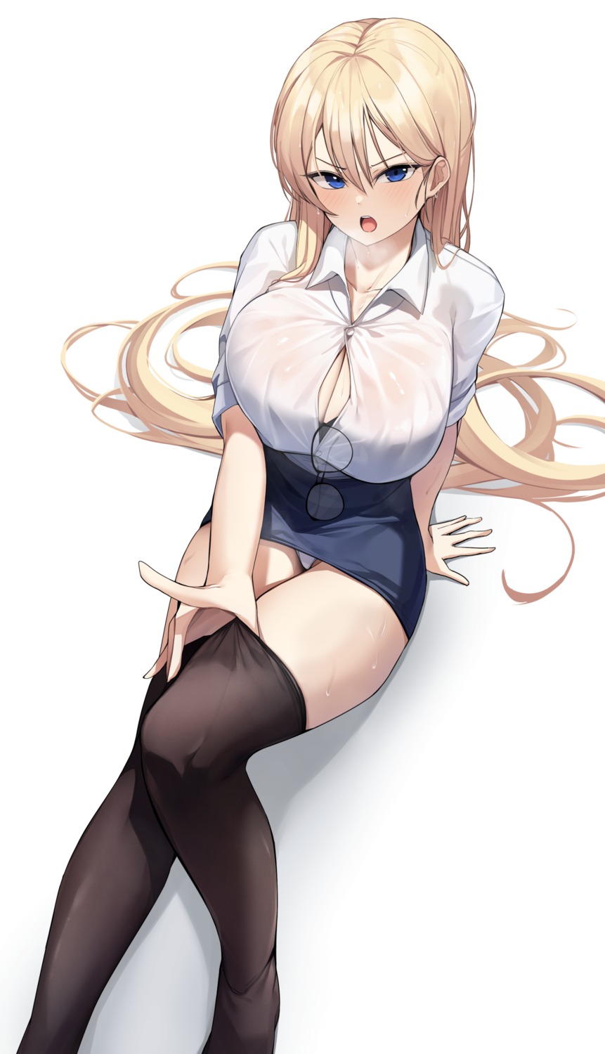 bra ddangbi megane open_shirt pantsu see_through skirt_lift thighhighs undressing wet wet_clothes