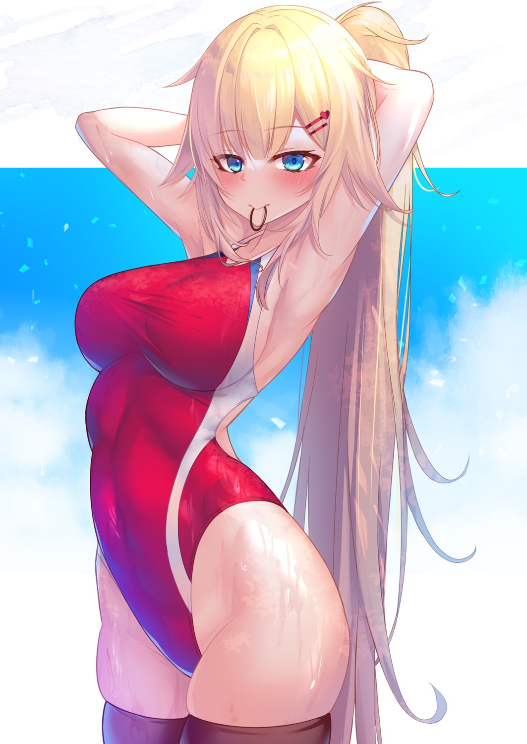 akai_haato hololive swimsuits thighhighs wet yoshiheihe