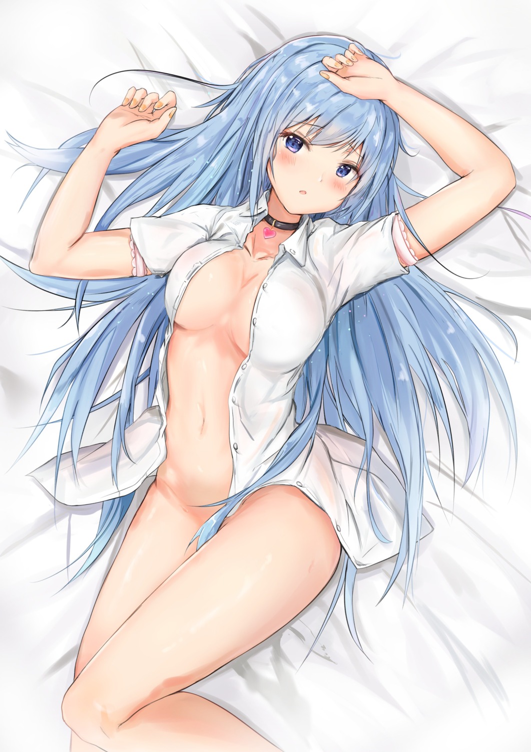 bottomless dress_shirt emori_miku emori_miku_project na_kyo no_bra open_shirt see_through