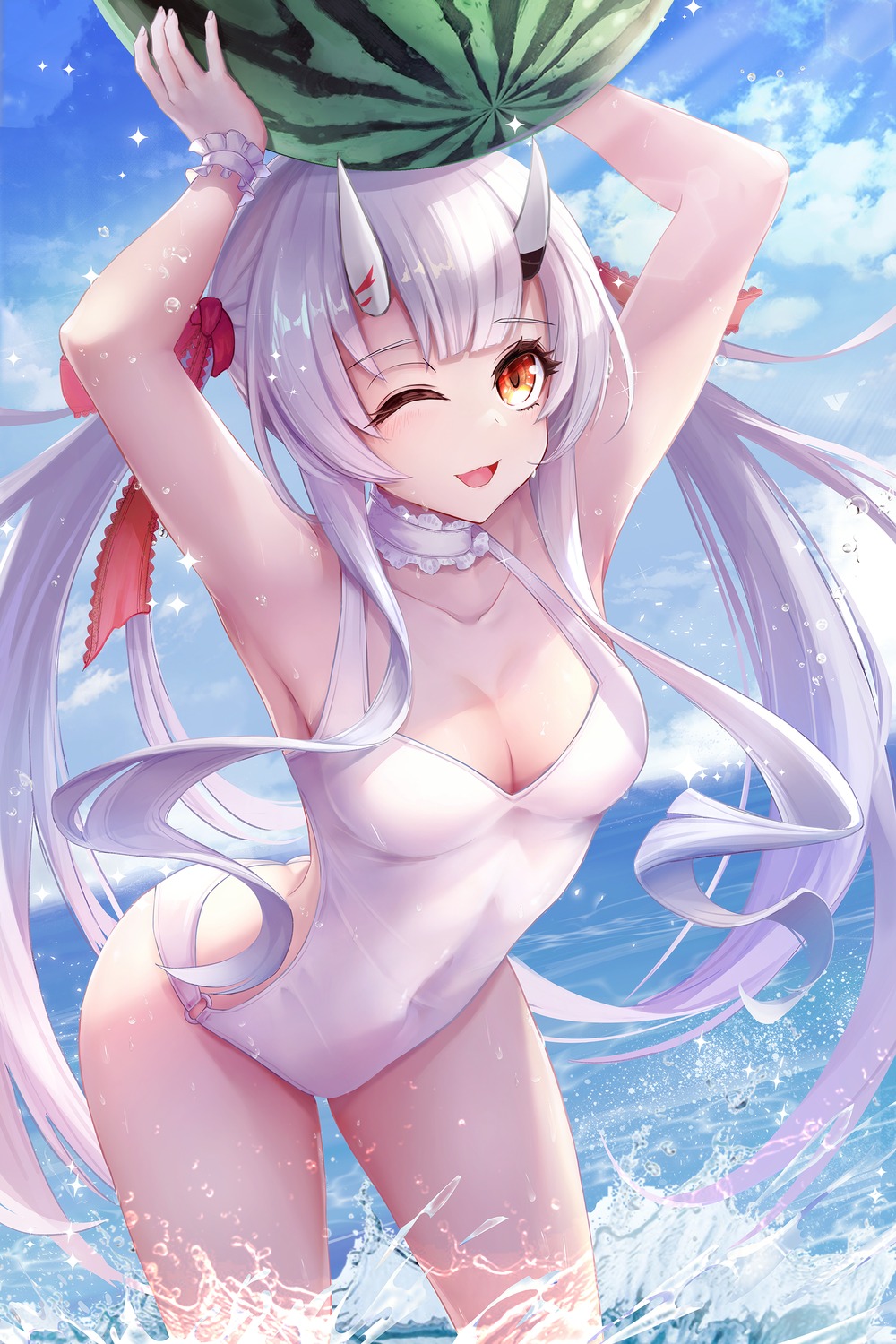 hololive horns nakiri_ayame saya_kuroha swimsuits wet