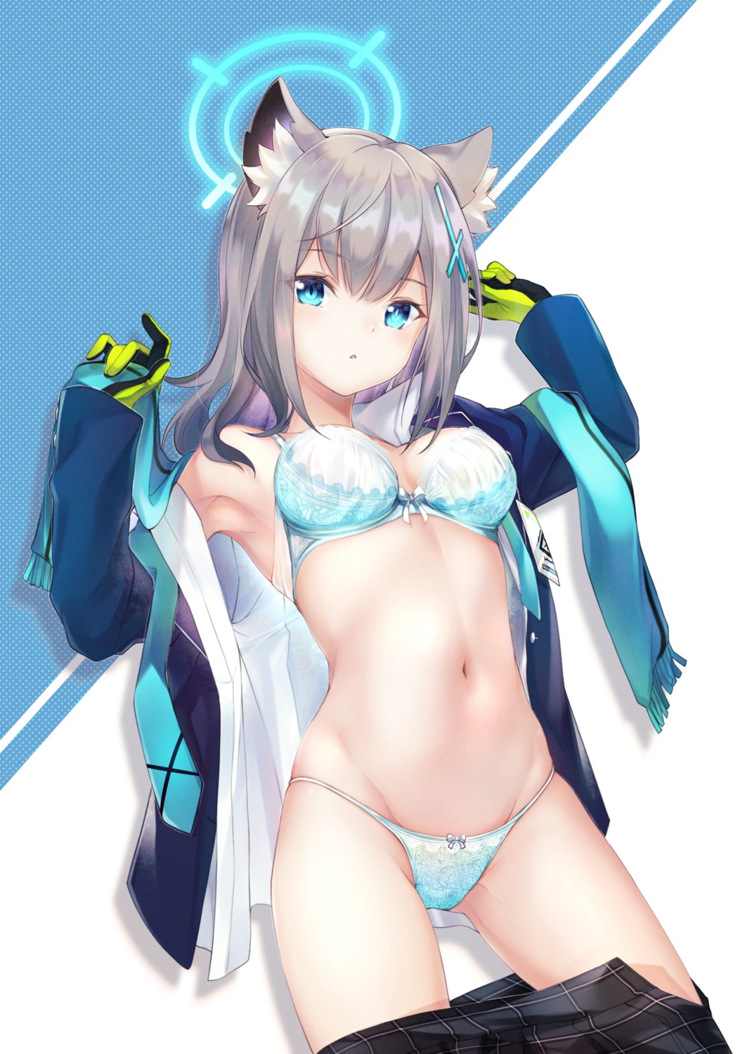 animal_ears blue_archive bra halo nekomimi noan open_shirt pantsu seifuku sunaookami_shiroko