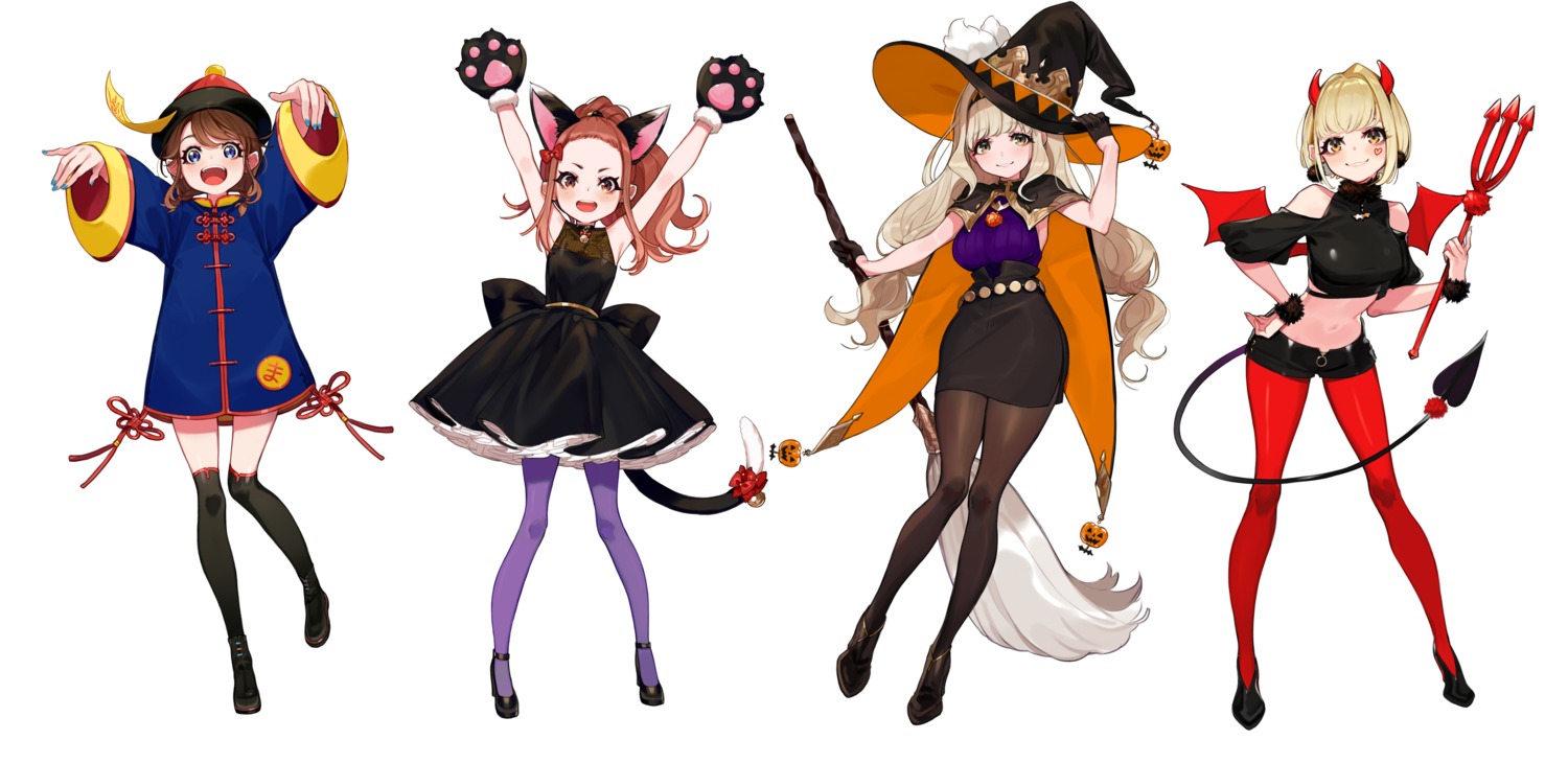 animal_ears asian_clothes dress halloween heels horns kaname_mahiro marinasu_channel nekomimi otonoha_naho pantyhose suzuna_subaru tail thighhighs touma_rin weapon wings witch yuu_(higashi_no_penguin)