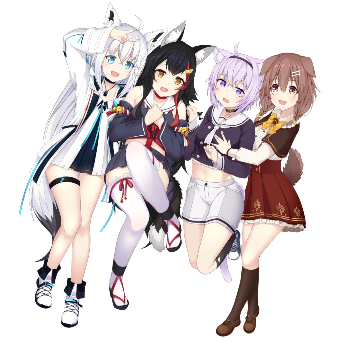 animal_ears garter hololive hololive_gamers inugami_korone inumimi kitsune nekomata_okayu nekomimi ookami_mio otaku_heishi seifuku shirakami_fubuki skirt_lift tail thighhighs