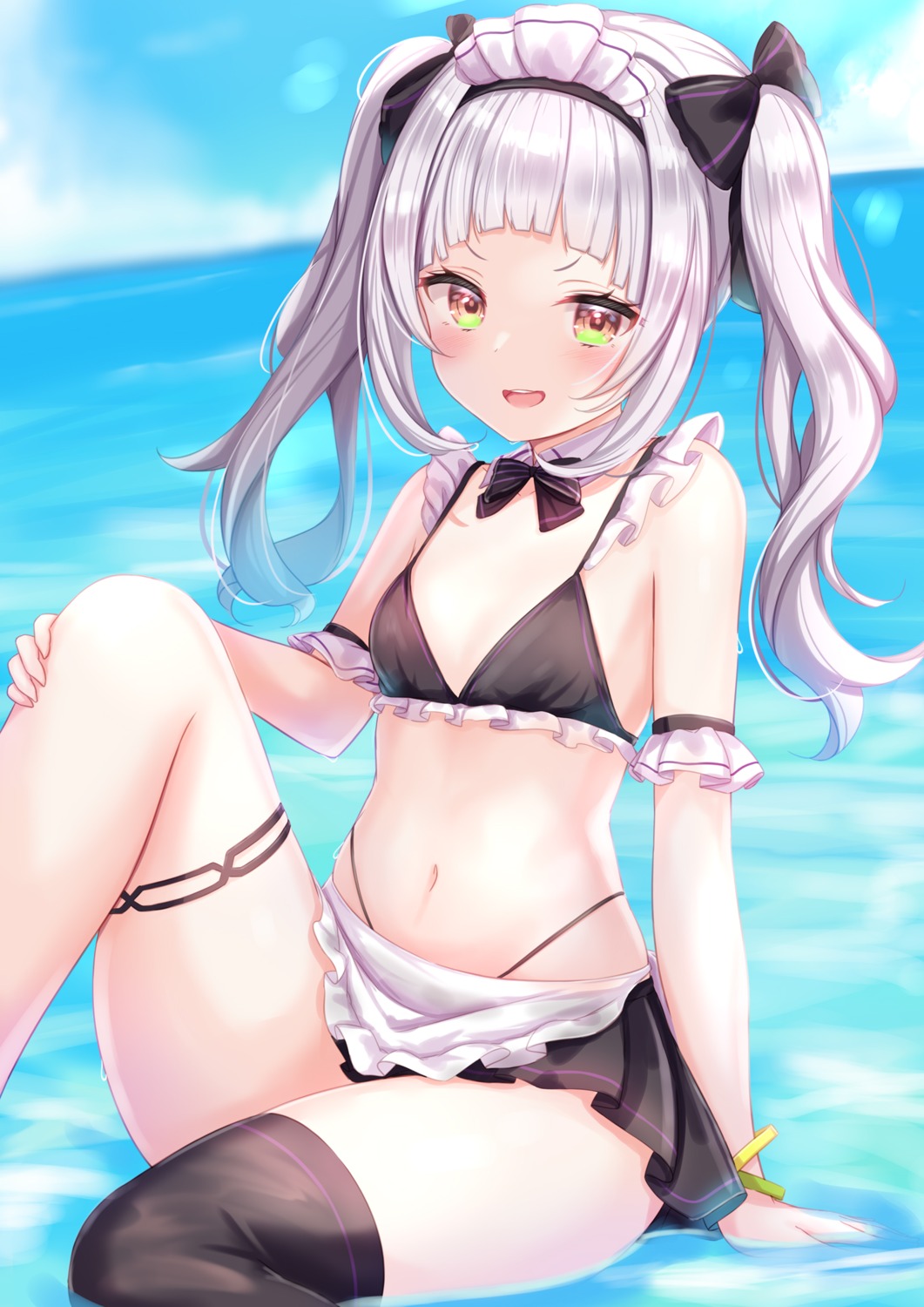 bikini garter hololive maid murasaki_shion skirt_lift swimsuits thighhighs wet yuano