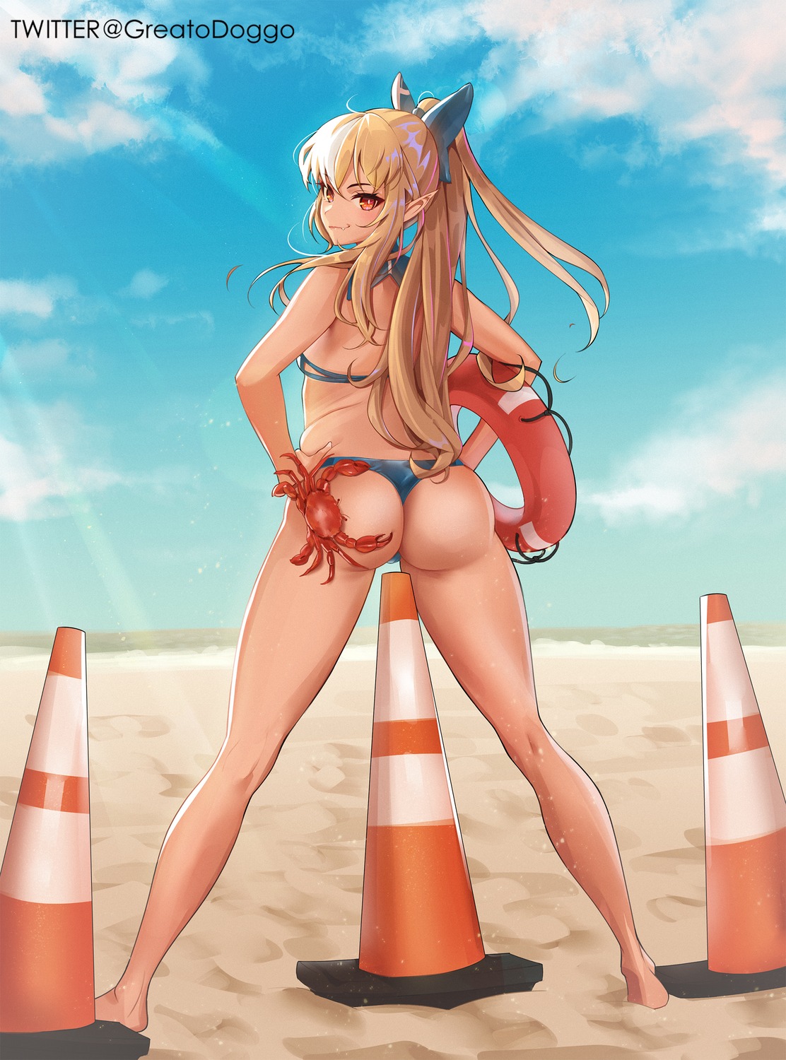 ass bikini elf greatodoggo hololive pointy_ears shiranui_flare swimsuits thong