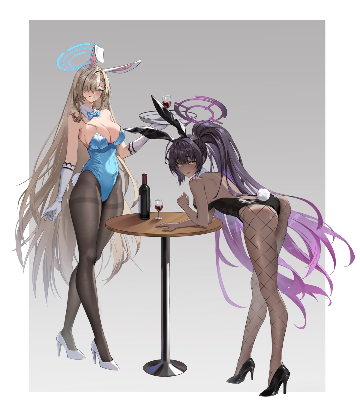 animal_ears ass blue_archive bunny_ears bunny_girl chiyikoupangsanjin fishnets halo heels ichinose_asuna kakudate_karin no_bra pantyhose tail waitress