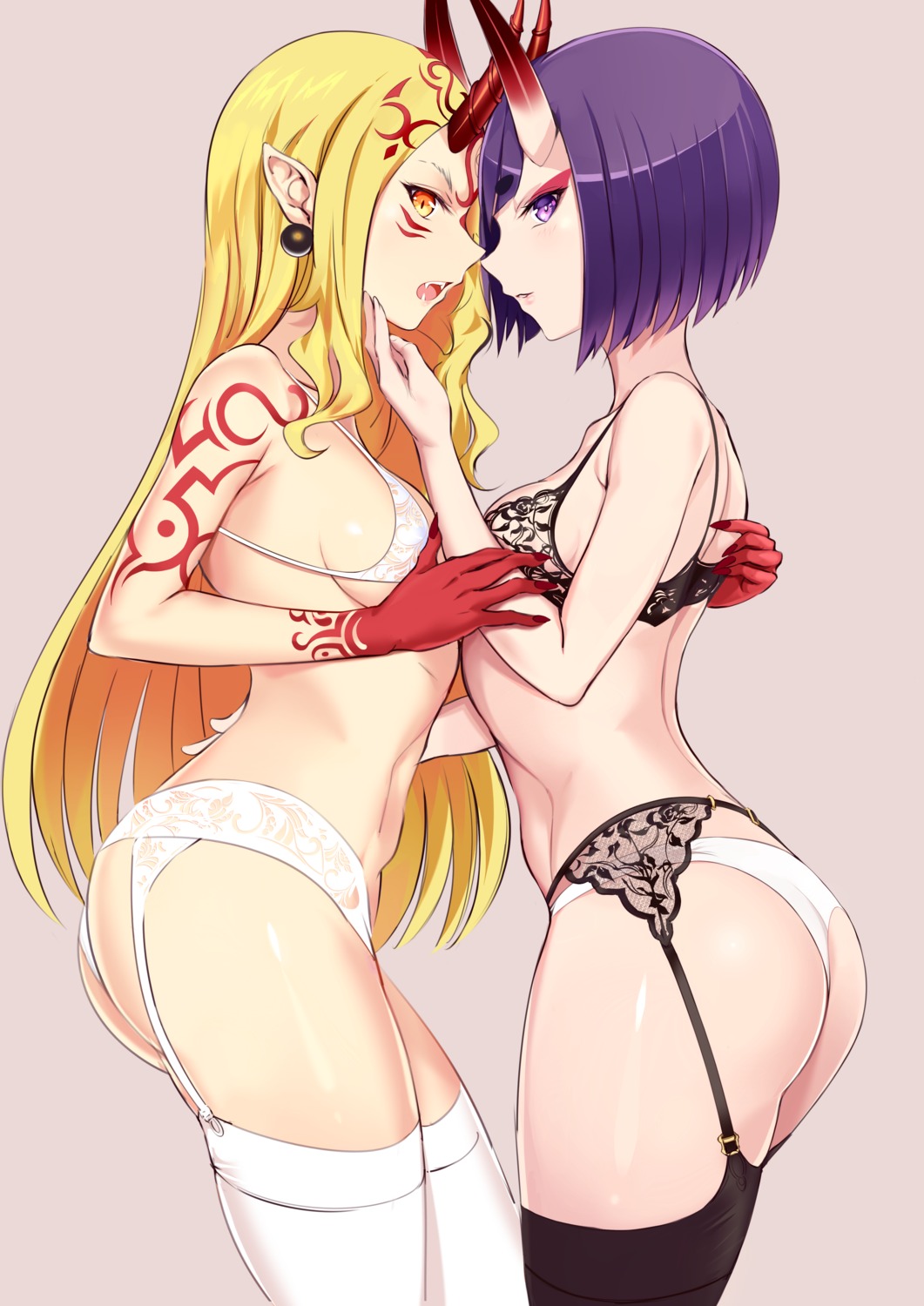 ass bra fate/grand_order garter_belt horns ibaraki_douji_(fate/grand_order) lingerie pantsu pointy_ears shuten_douji_(fate/grand_order) stockings tattoo thighhighs thong tonyxx50