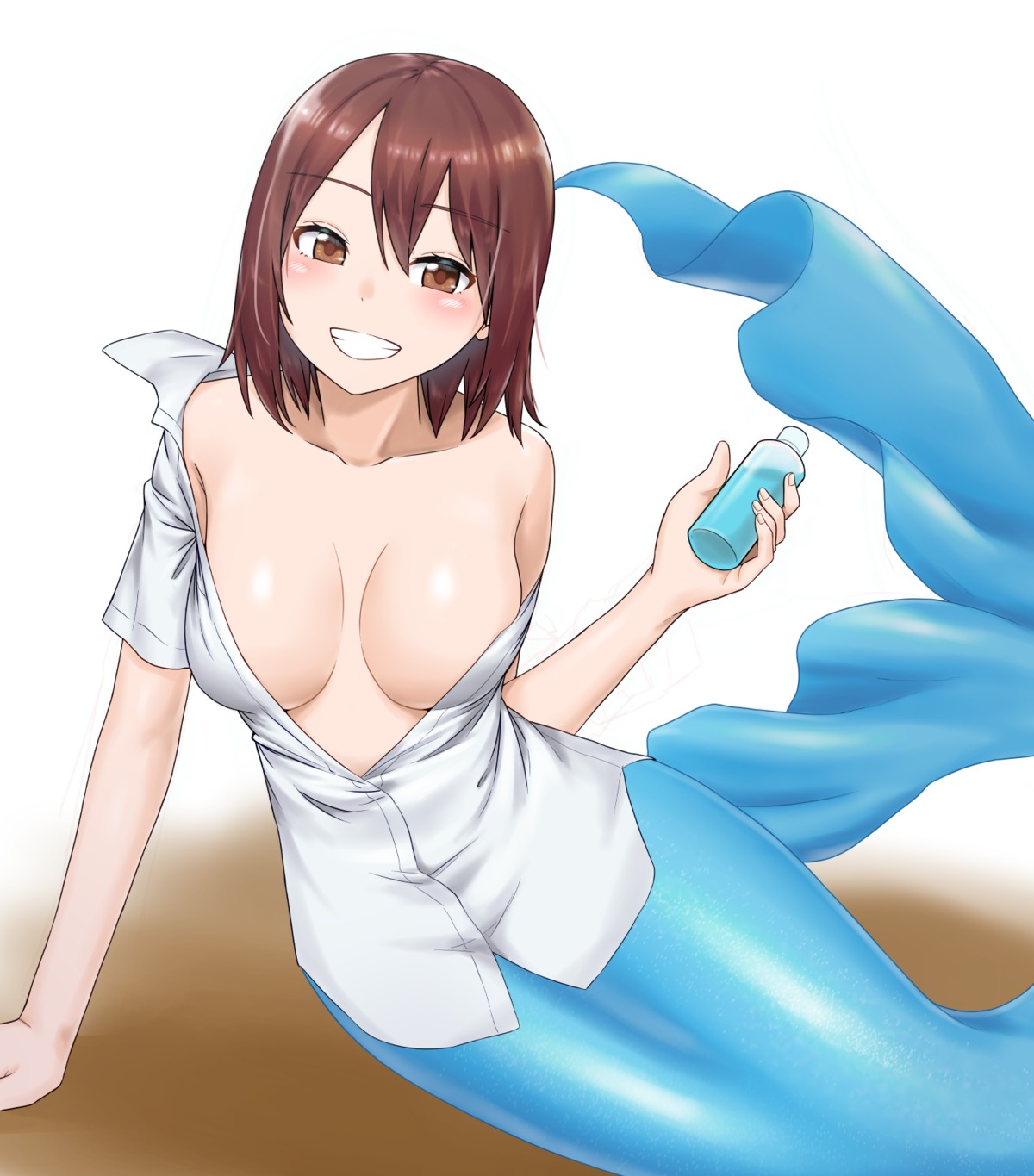 bottomless breasts dress_shirt mermaid monster_girl no_bra open_shirt tagme tail