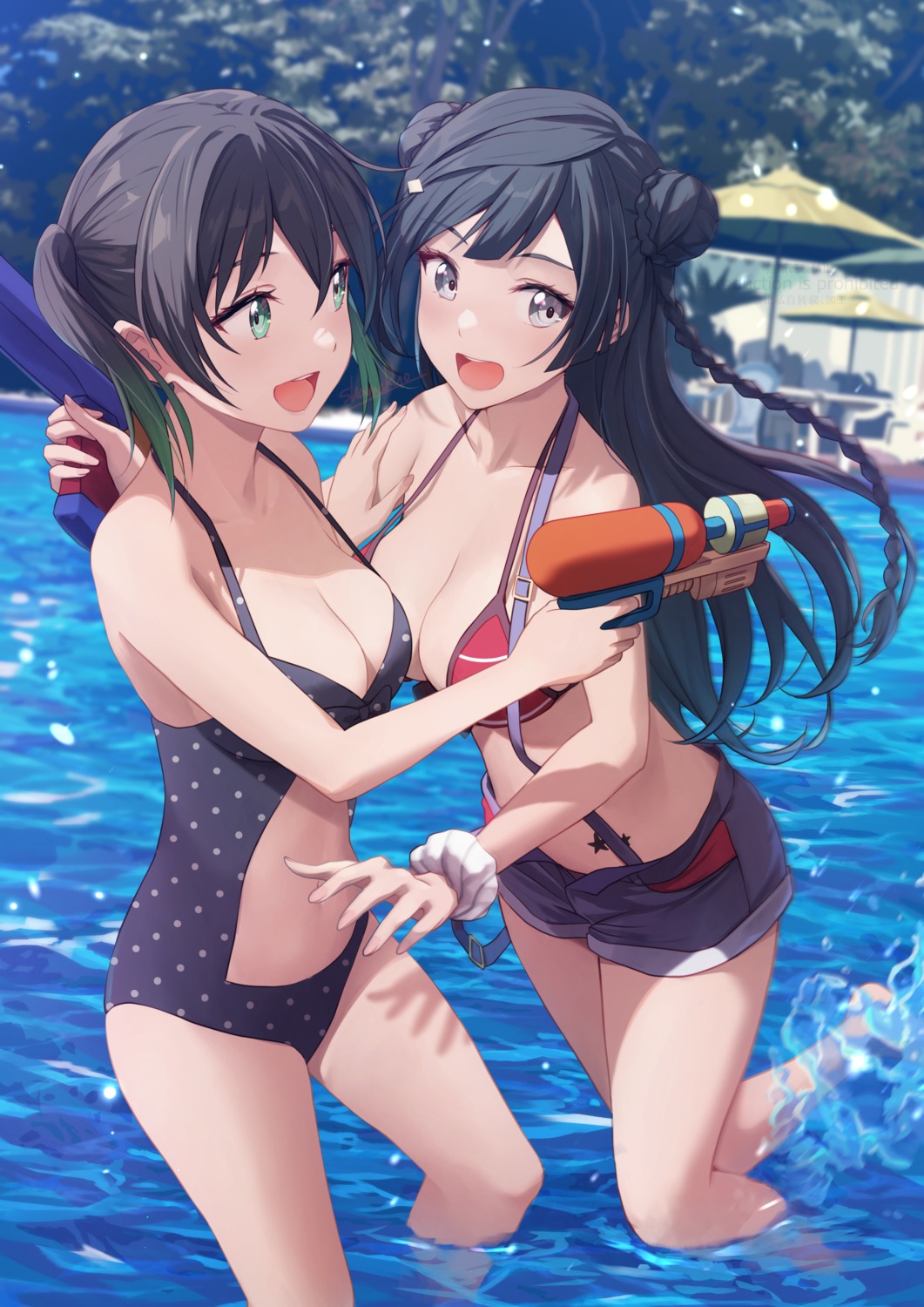 bikini gun love_live!_nijigasaki_high_school_idol_club official_watermark shamakho swimsuits takasaki_yuu wet yuuki_setsuna