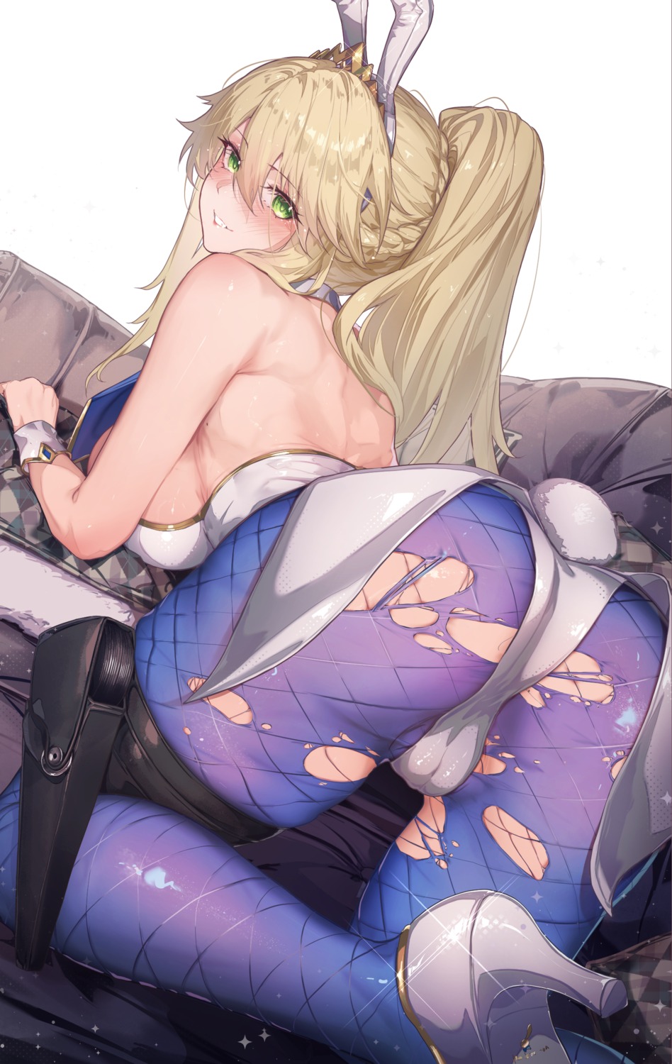 animal_ears artoria_pendragon_(fate) ass bunny_ears bunny_girl cameltoe fate/grand_order fishnets garter heels no_bra pantyhose tail torn_clothes ura_illust