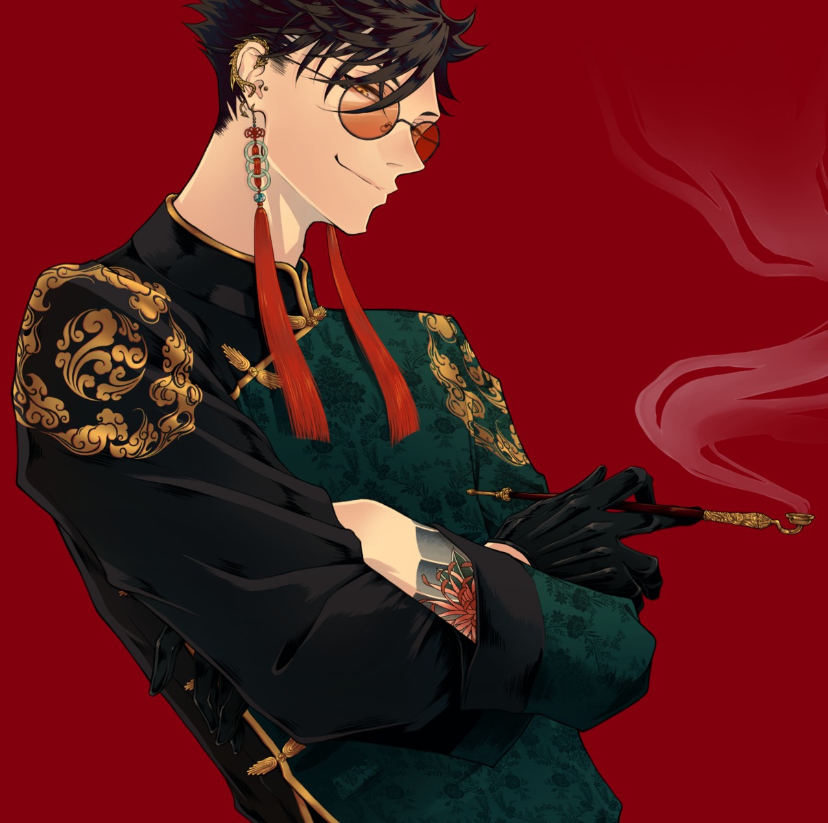 asian_clothes haikyuu!! kamitasu818 kuroo_tetsurou male megane smoking tattoo