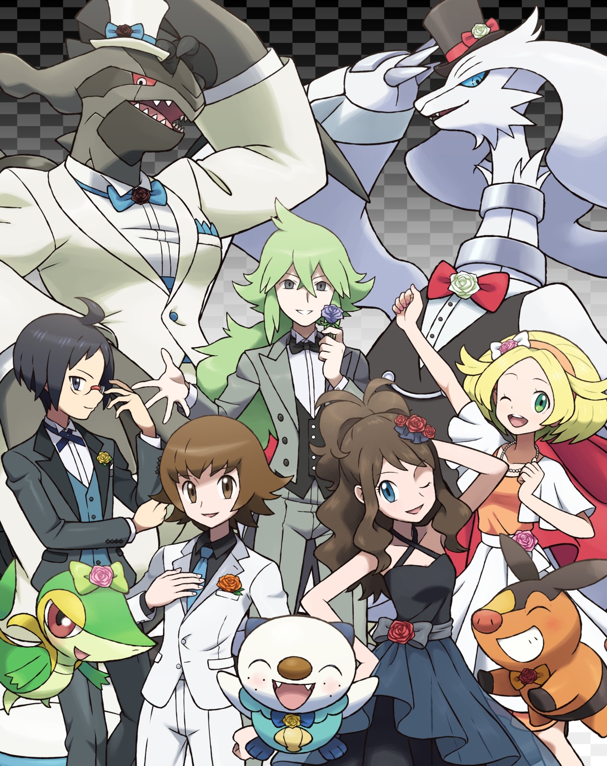 bel_(pokemon) business_suit cheren_(pokemon) dress ice_ground n_(pokemon) oshawott pokemon pokemon_b2w2 pokemon_bw reshiram snivy tepig touko_(pokemon) touya_(pokemon) zekrom