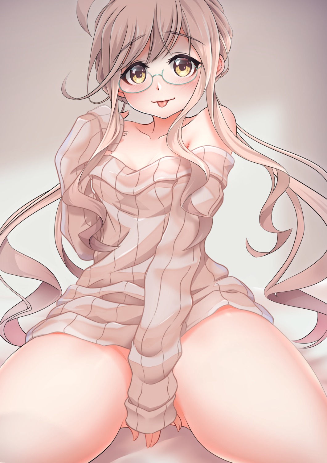 bottomless cleavage kantai_collection makigumo_(kancolle) makura_(user_jpmm5733) megane no_bra sweater