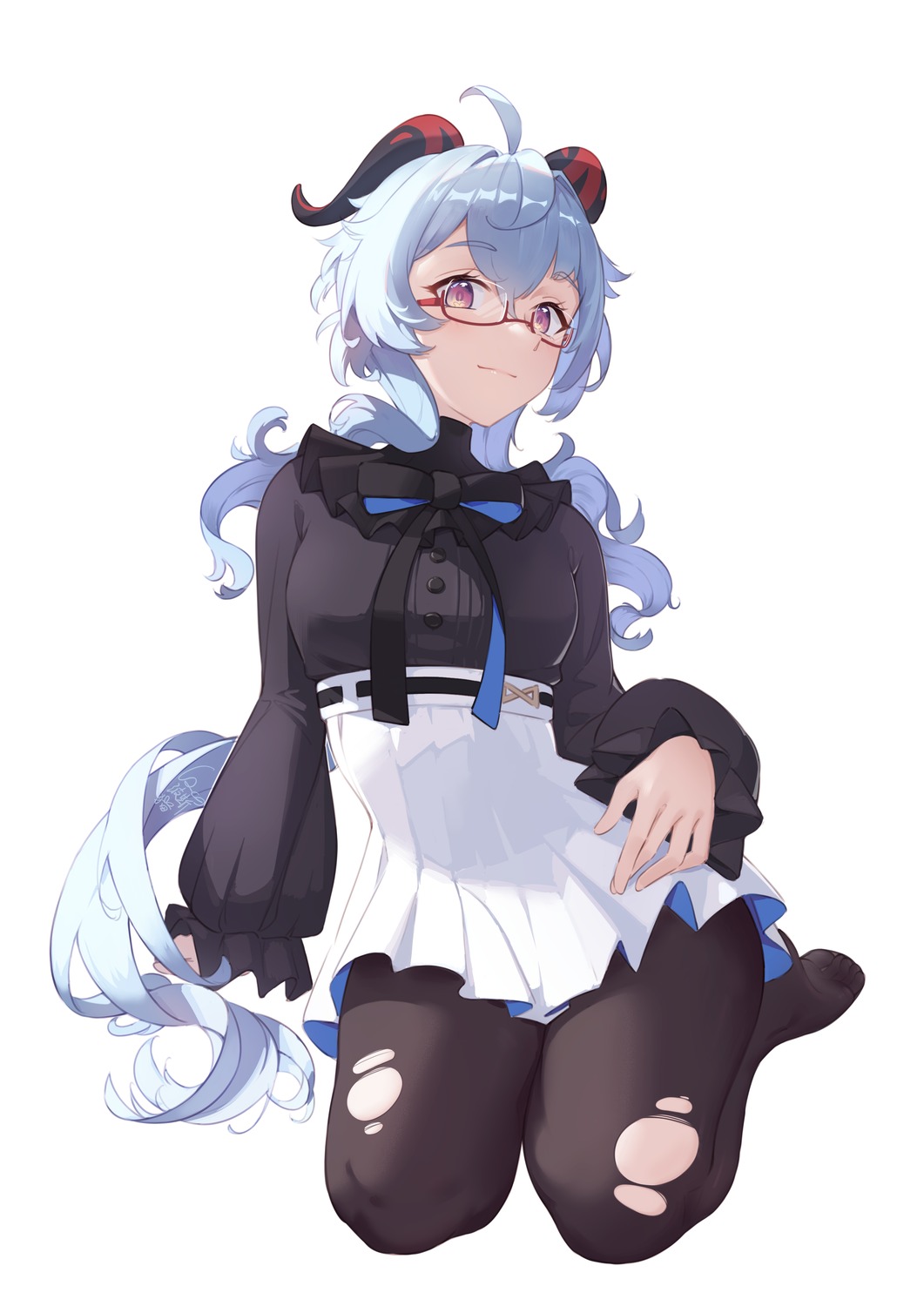 cqc_no_hashi_neko ganyu genshin_impact horns megane pantyhose torn_clothes