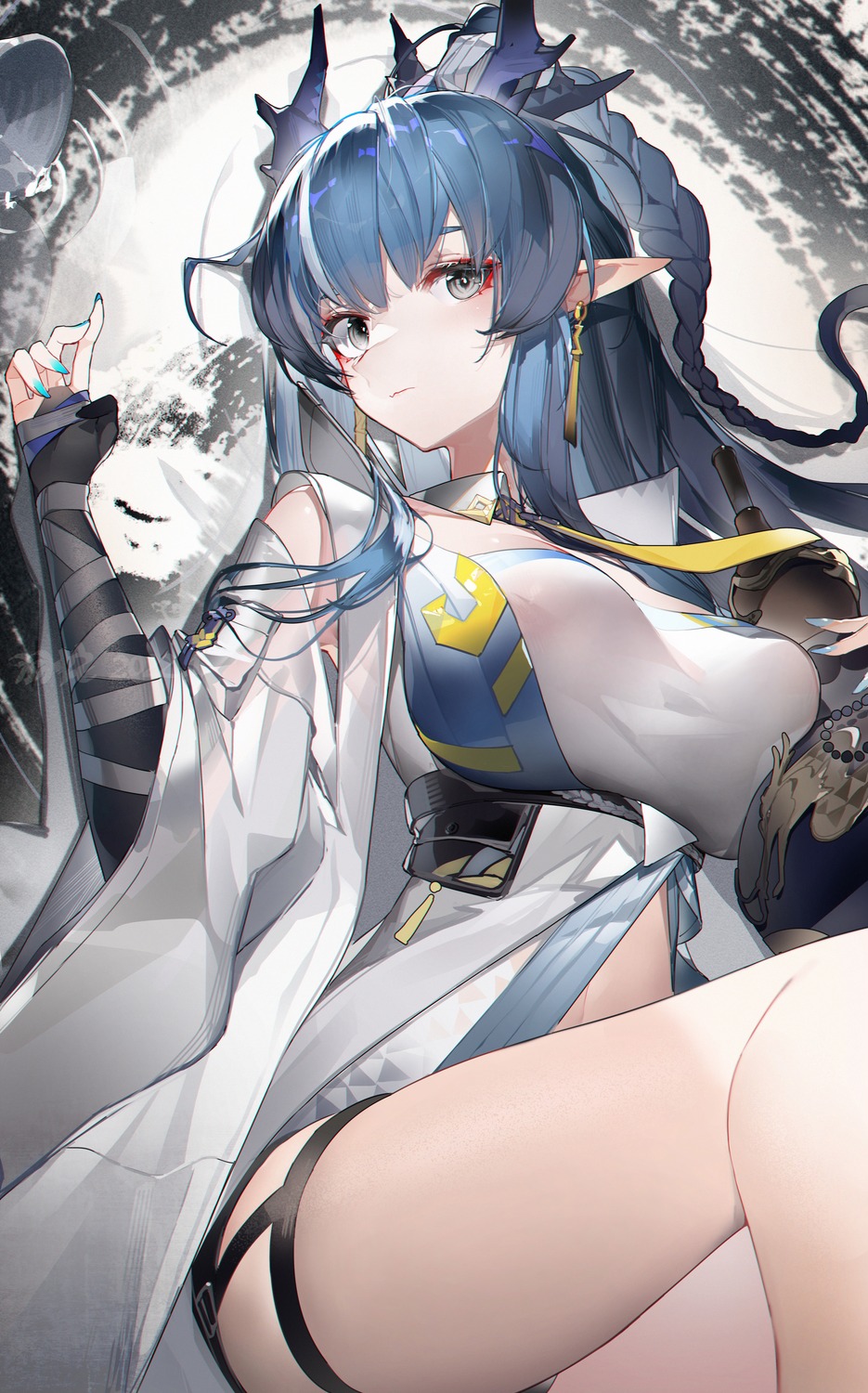 areola arknights garter horns ling_(arknights) no_bra pointy_ears see_through stockings thighhighs yushi_quetzalli