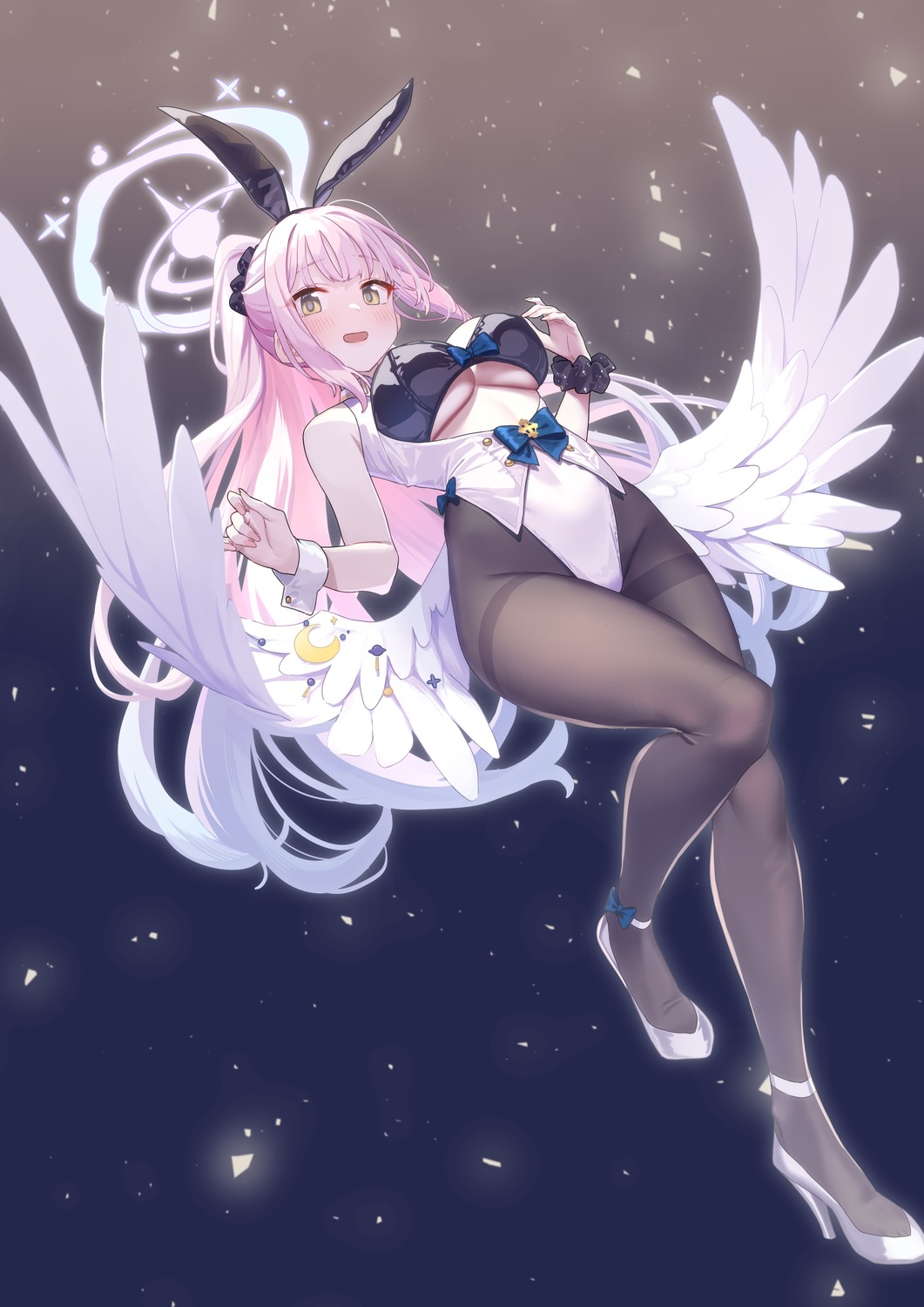 angel animal_ears baffu blue_archive bra bunny_ears bunny_girl heels misono_mika open_shirt pantyhose underboob wings